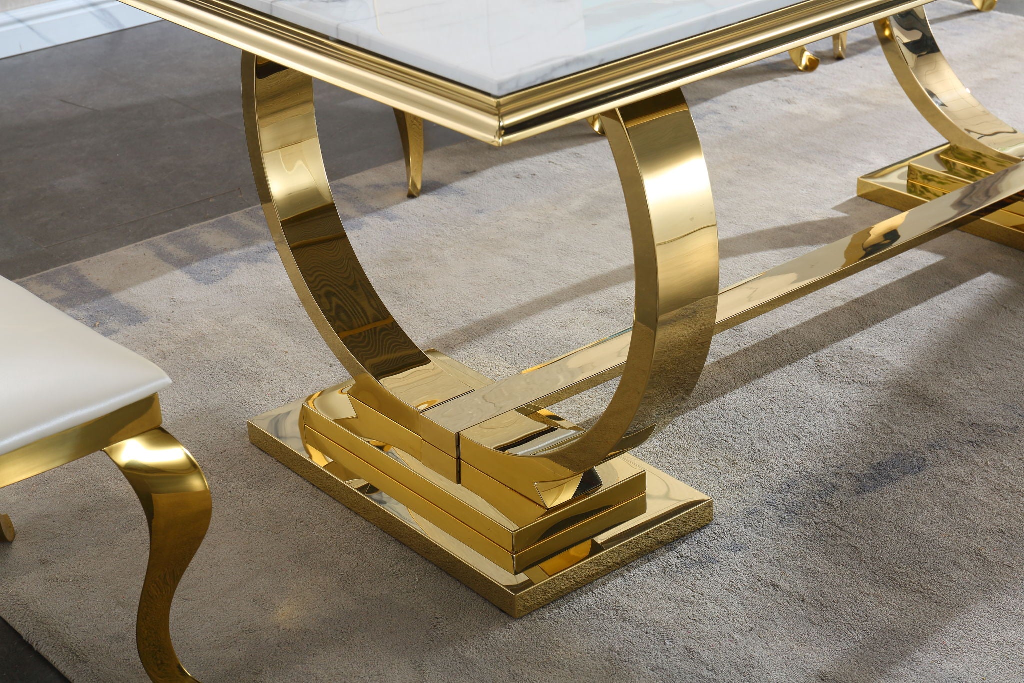 Modern Rectangular Marble Printing Dining Table, Double U Shape Stainless Steel Base With Mirrored Finish