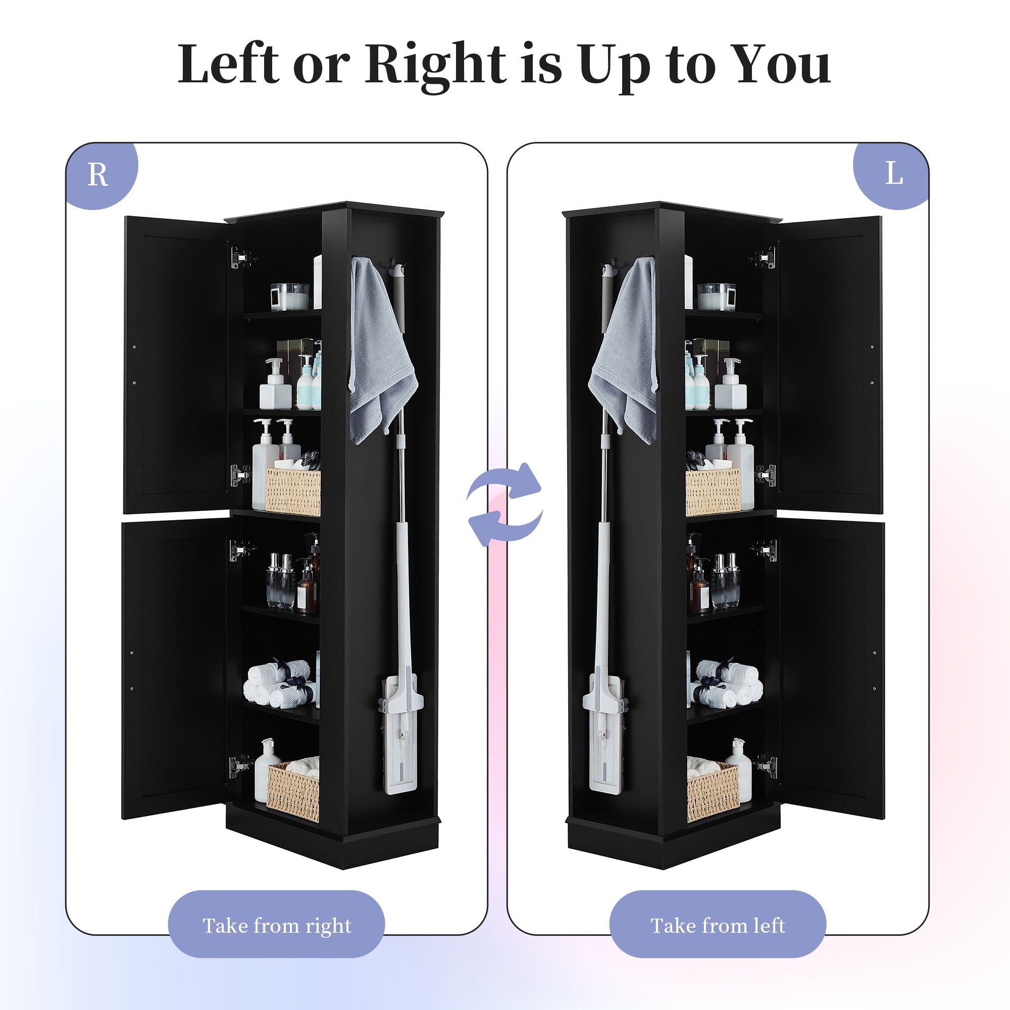 Tall Freestanding Bathroom Storage Cabinet With Adjustable Shelves And Side Hooks