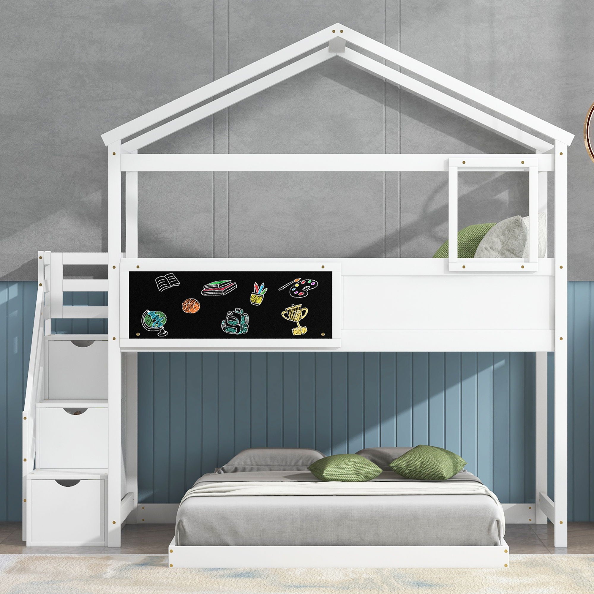 House Style Bunk Bed With Storage Staircase And board