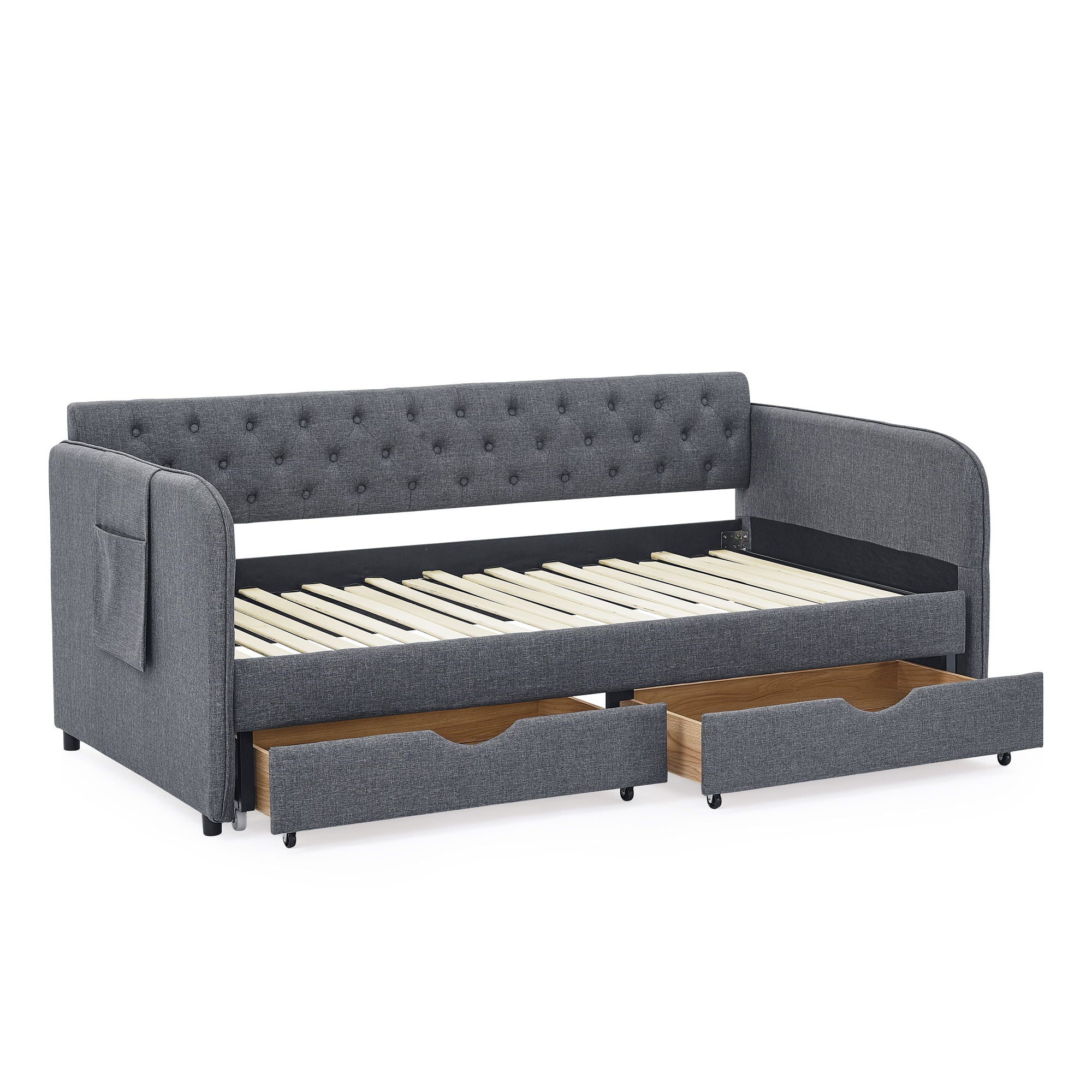 Daybed With Trundle And Storage Drawers, Flat Arms With Pocket