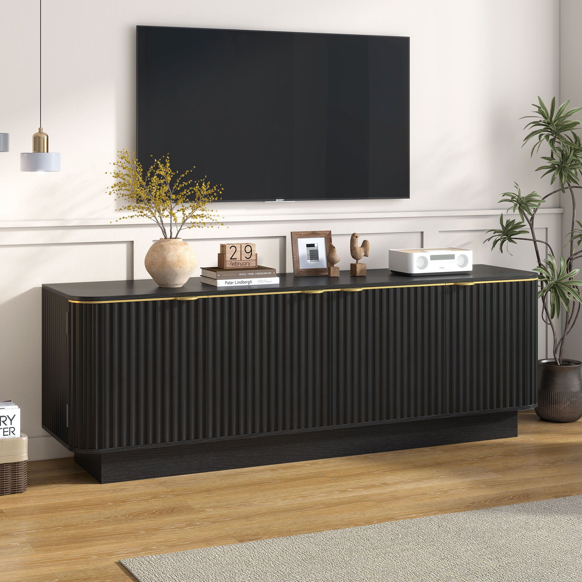 TV Stand, Fluted Media Console With Adjustable Shelves And Cable Holes