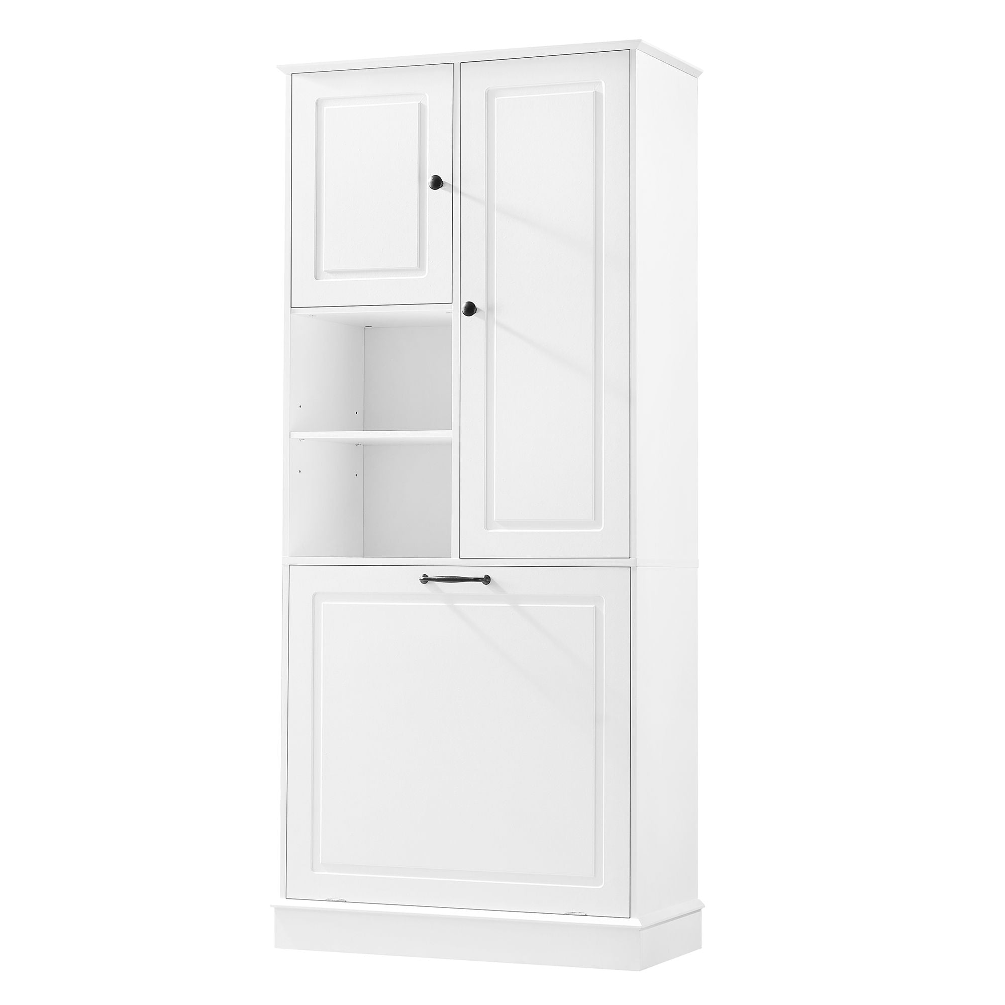 Modern Tall Storage Cabinet With Adjustable Shelves, Flip-Out Basket & Enclosed Doors