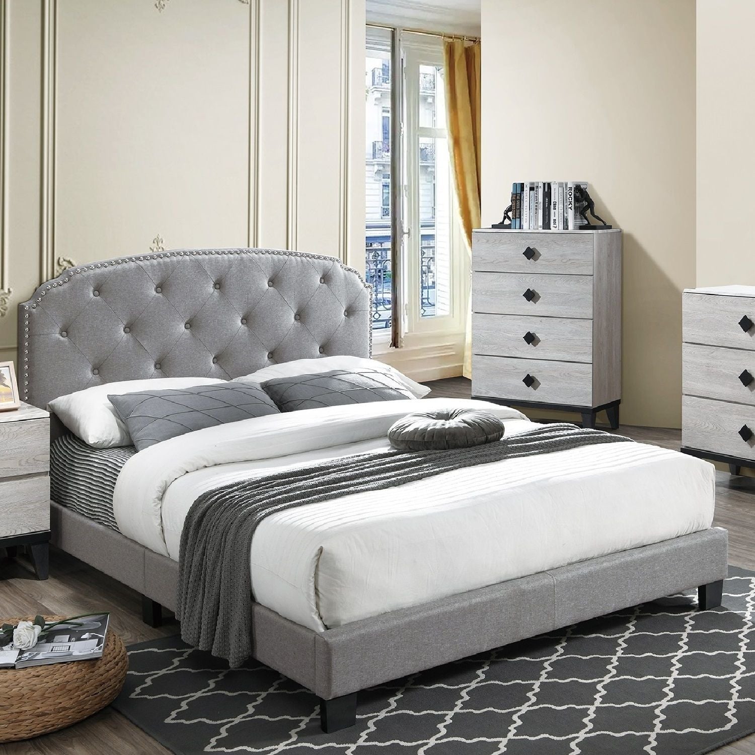 Button Tufted Bed With Nailhead Trim