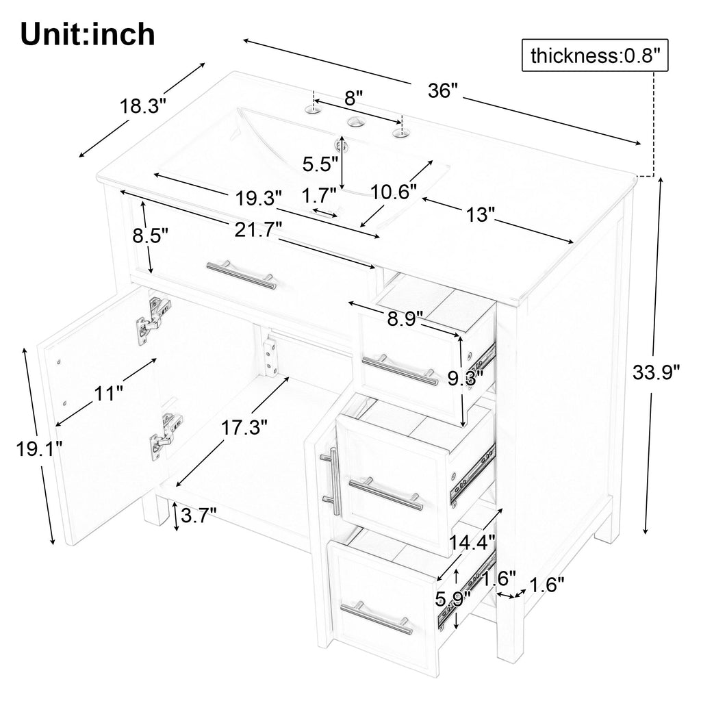 36" Bathroom Vanity With Sink, 2 Doors, 3 Drawers, Rectangular - White
