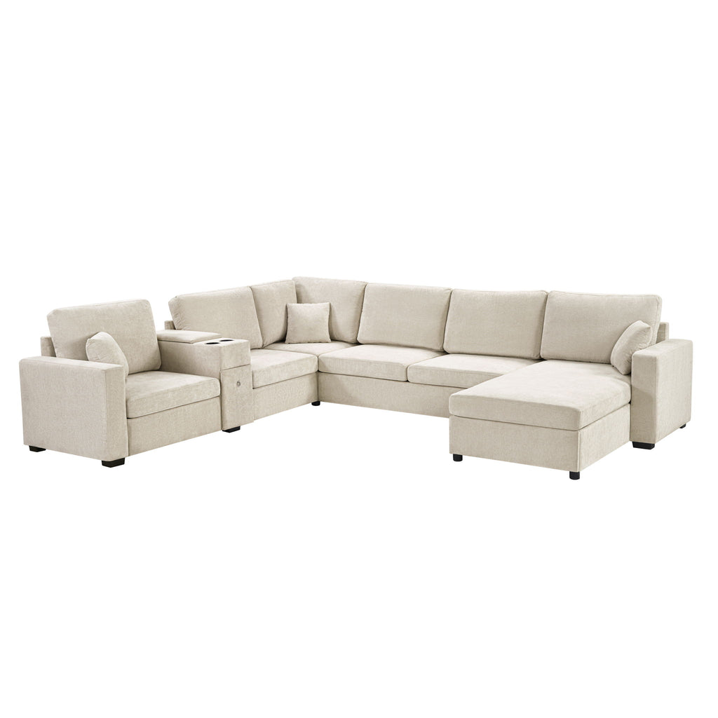 Modular 5 Seat U-Shape Sectional Sofa With Chaise Lounge, Built In Cup Holders And Storage Drawer