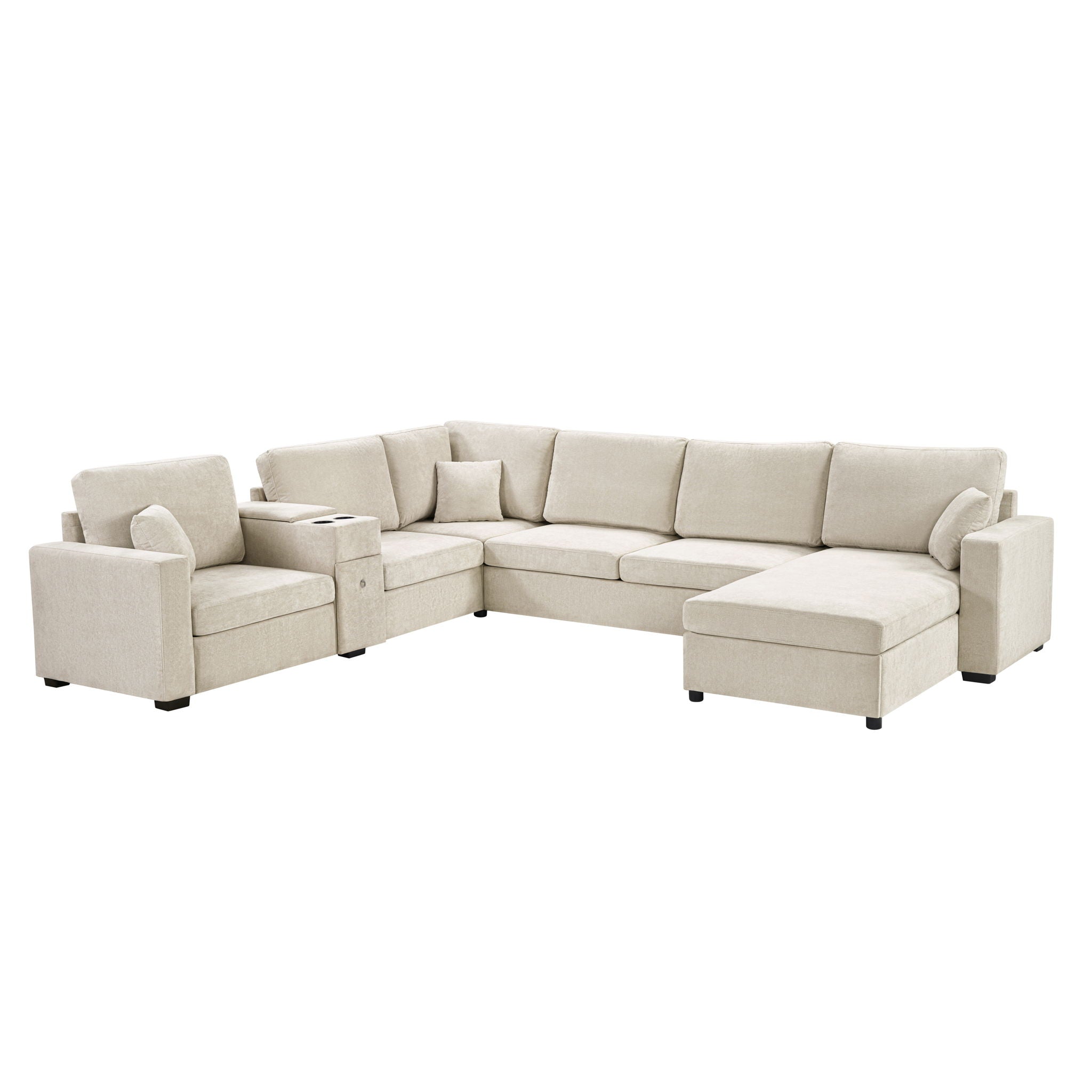 Modular 5 Seat U-Shape Sectional Sofa With Chaise Lounge, Built In Cup Holders And Storage Drawer