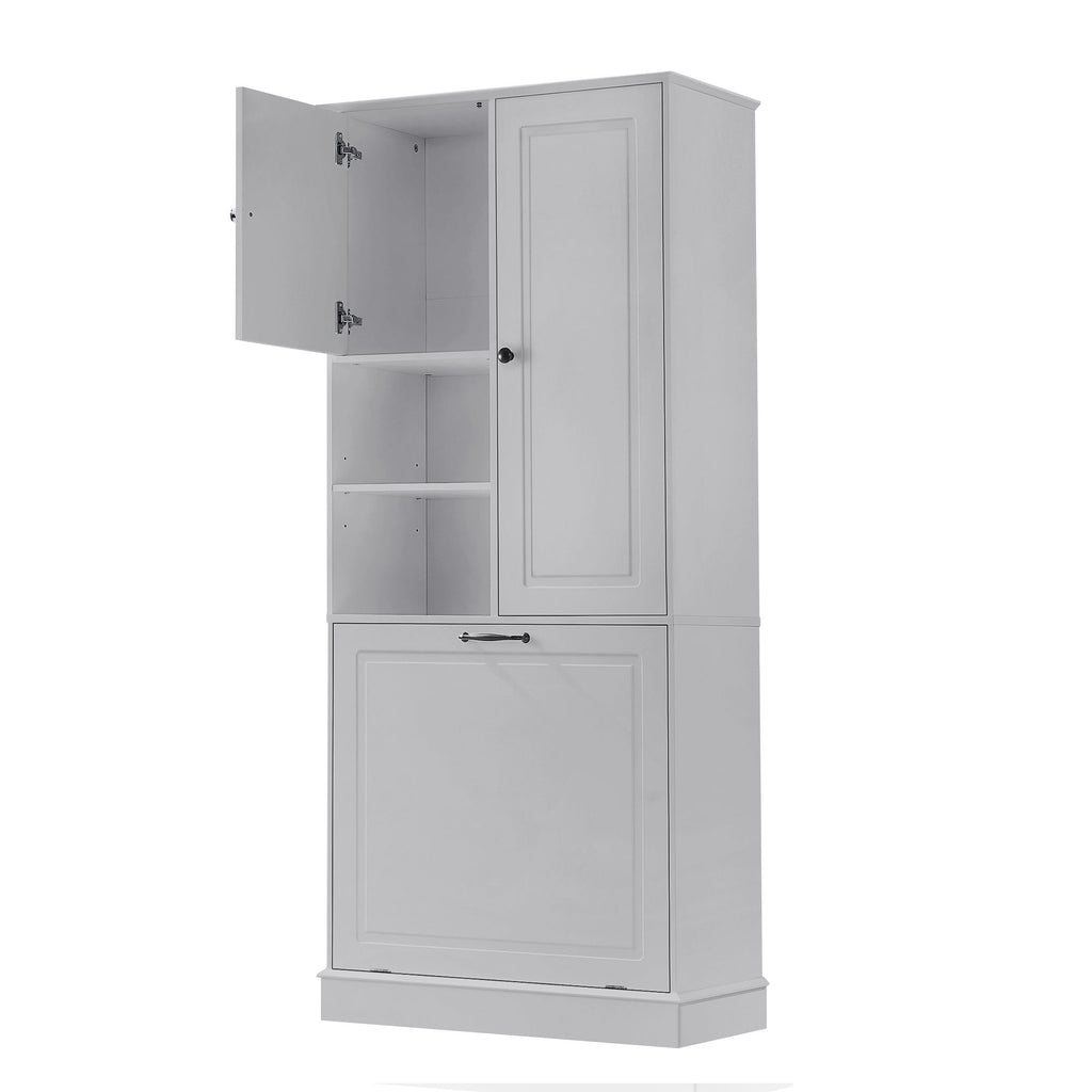 Modern Tall Storage Cabinet With Adjustable Shelves, Flip-Out Basket & Enclosed Doors