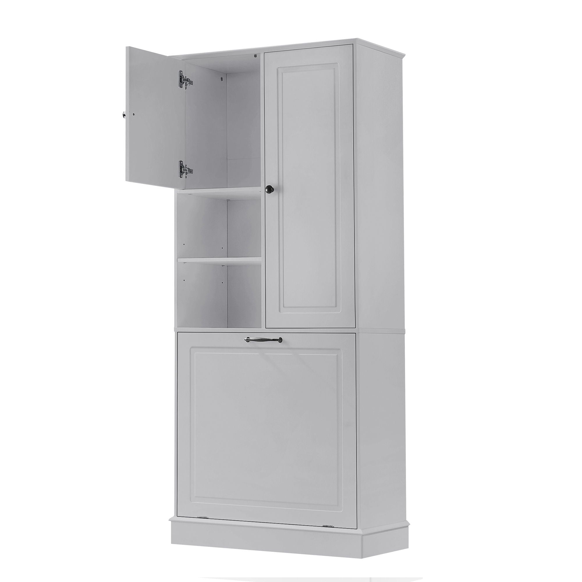 Modern Tall Storage Cabinet With Adjustable Shelves, Flip-Out Basket & Enclosed Doors