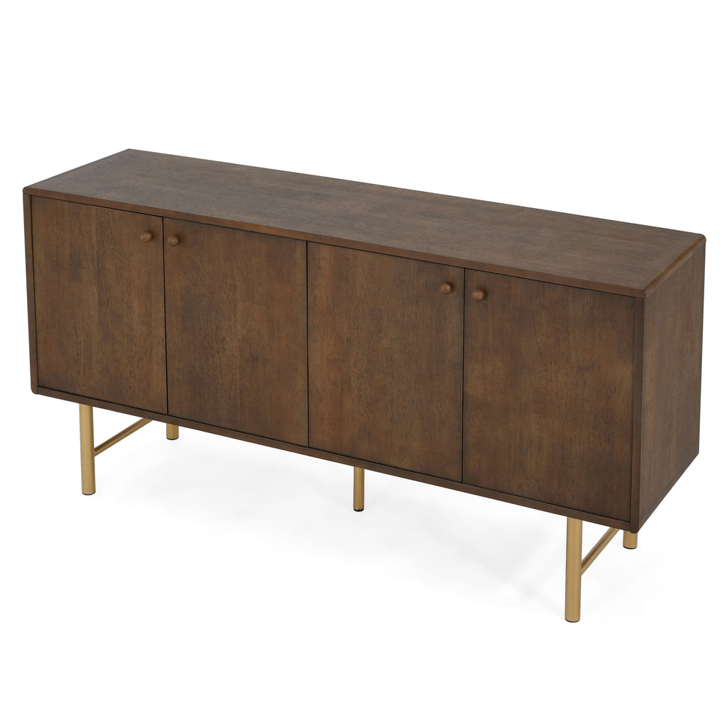 Modern Scandinavian 4 Door Sideboard, Storage Cabinet With Adjustable Shelves - Gold / Walnut