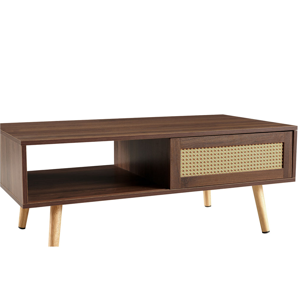 41.34" Rattan Coffee Table, Sliding Door For Storage, Solid Wood Legs, Modern Table For Living Room