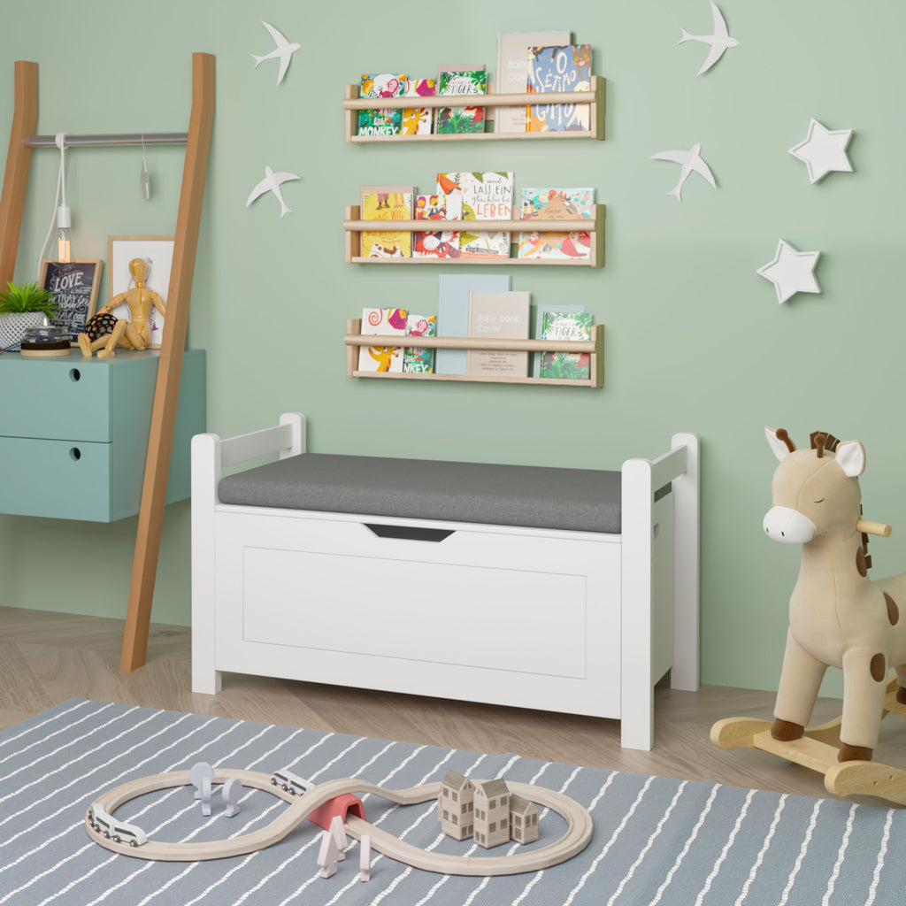 Kids Toy Box Chest Storage Cabinet With Cushion Seat Bench Flip Top Lid Safety Hinge - White