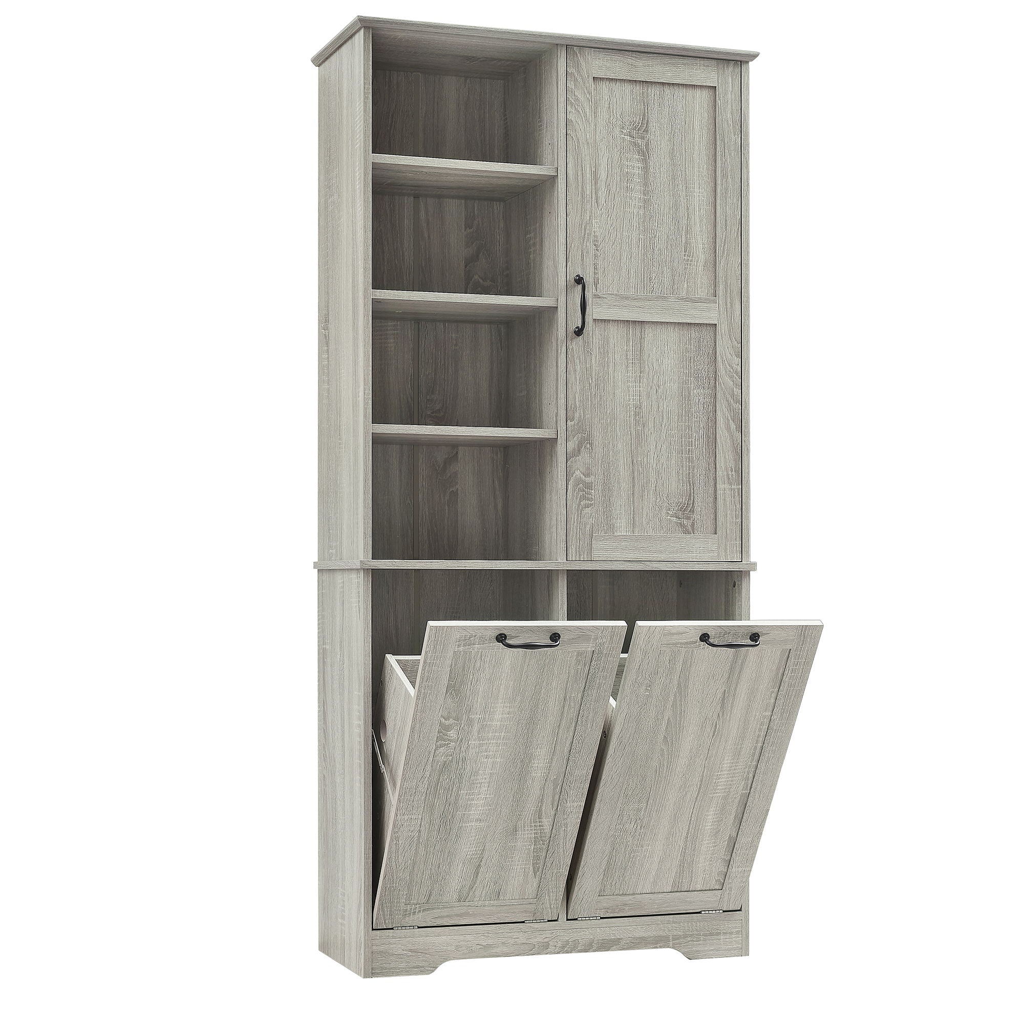Freestanding Storage Cabinet With Doors, Tilt Out Drawers, Adjustable Shelves, Open Shelf, Bathroom & Laundry Room Organizer - Oak