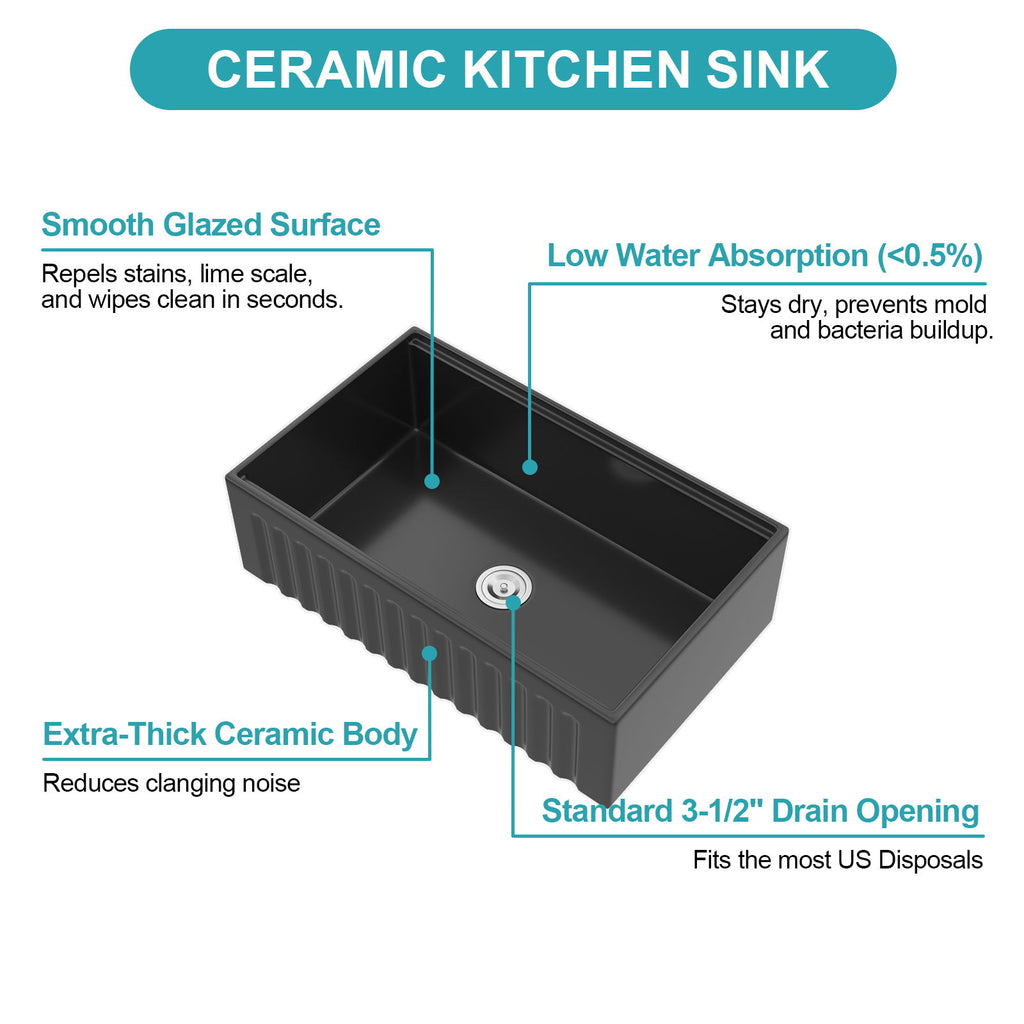 Porcelain Ceramic Farmhouse Sink Workstation With Reversible Apron Design - Single Bowl