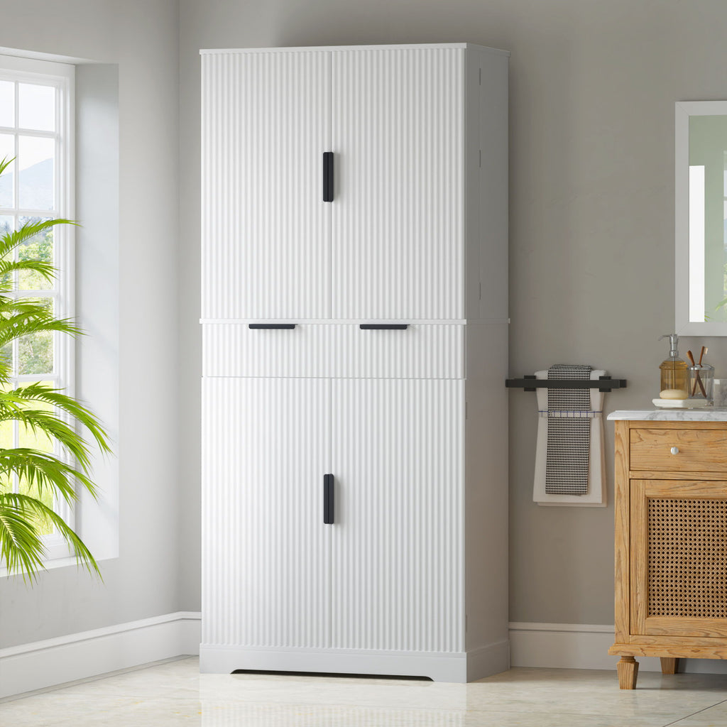 Fluted Kitchen Pantry Cabinet With 3 Keyboard Drawers & 6 Adjustable Door Shelves