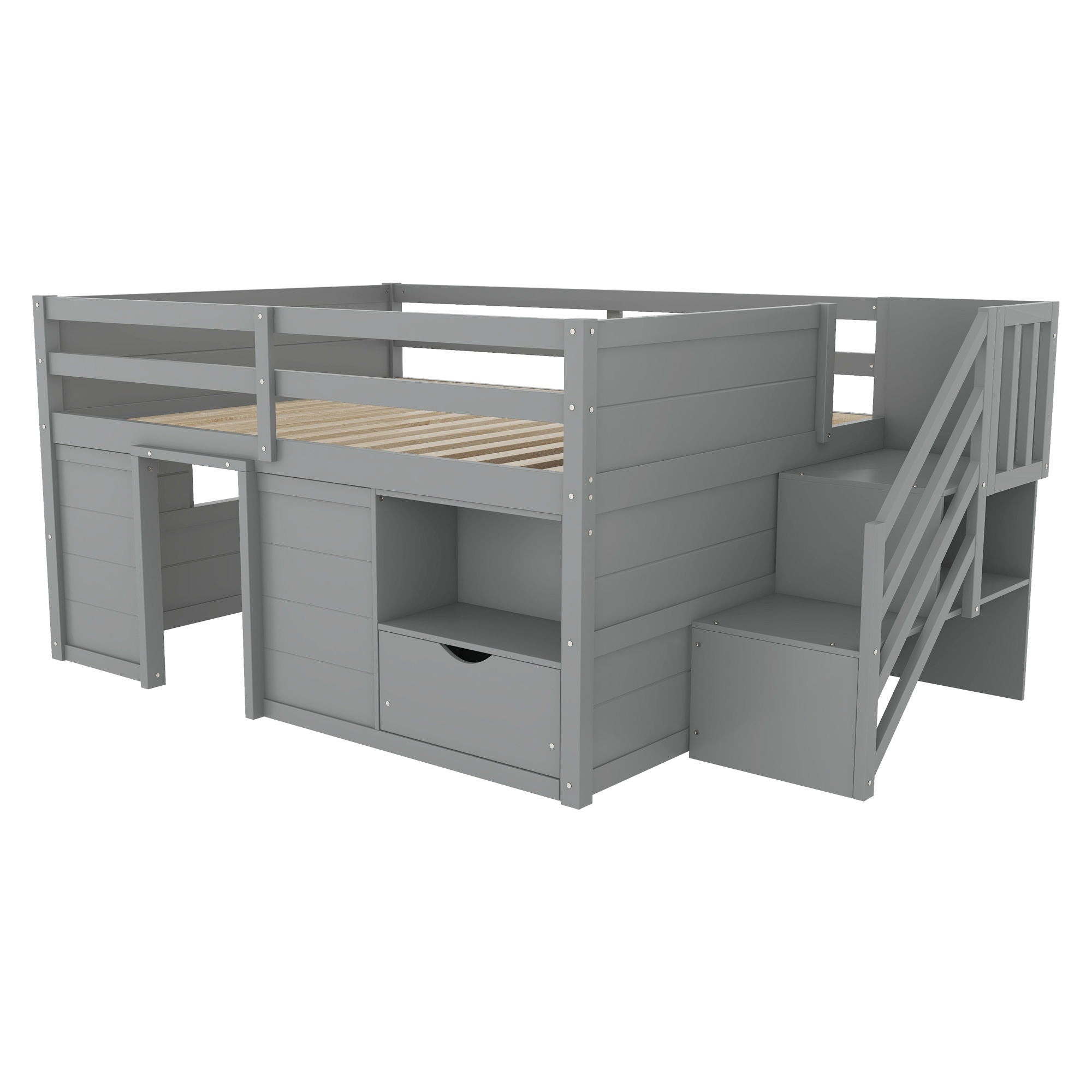 Low Loft Bed Frame With Built In Stairs, Storage Drawer, Shelf And 7 Color LED Light