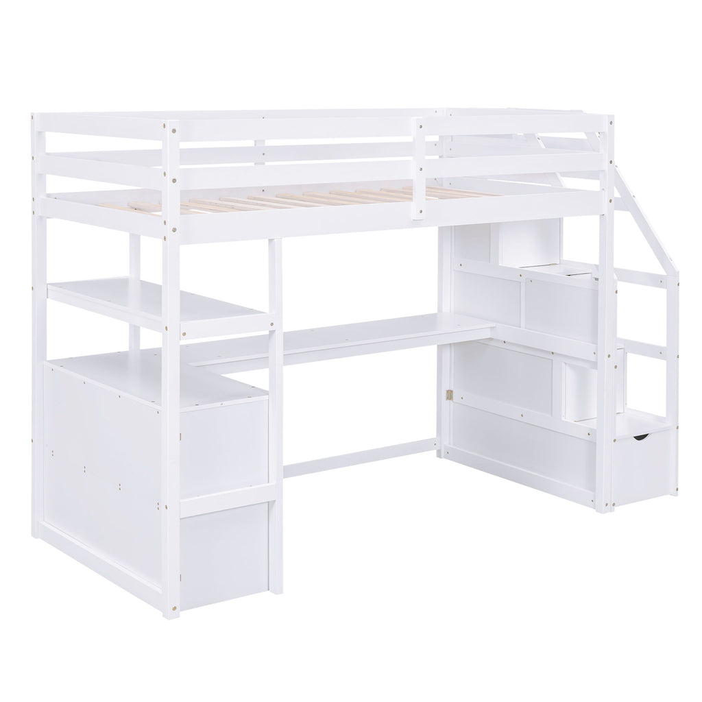 Loft Bed With Desk, Shelves, 2 Drawers, Storage Staircase