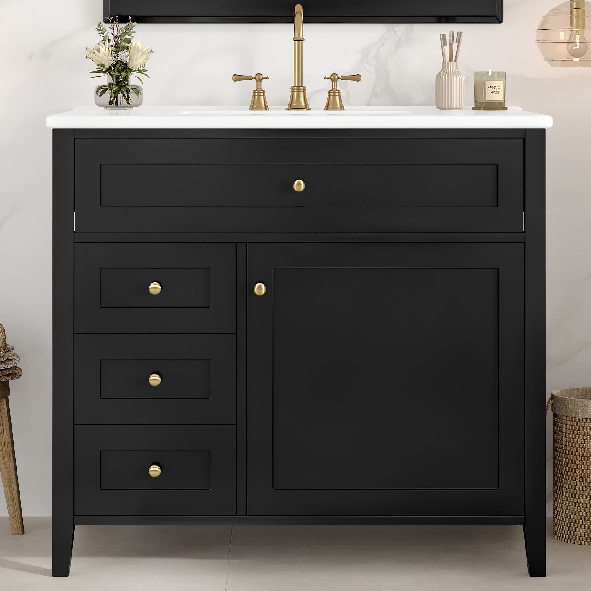 Bathroom Vanity With Sink, 3 Drawers & Cabinet With Adjustable Shelves