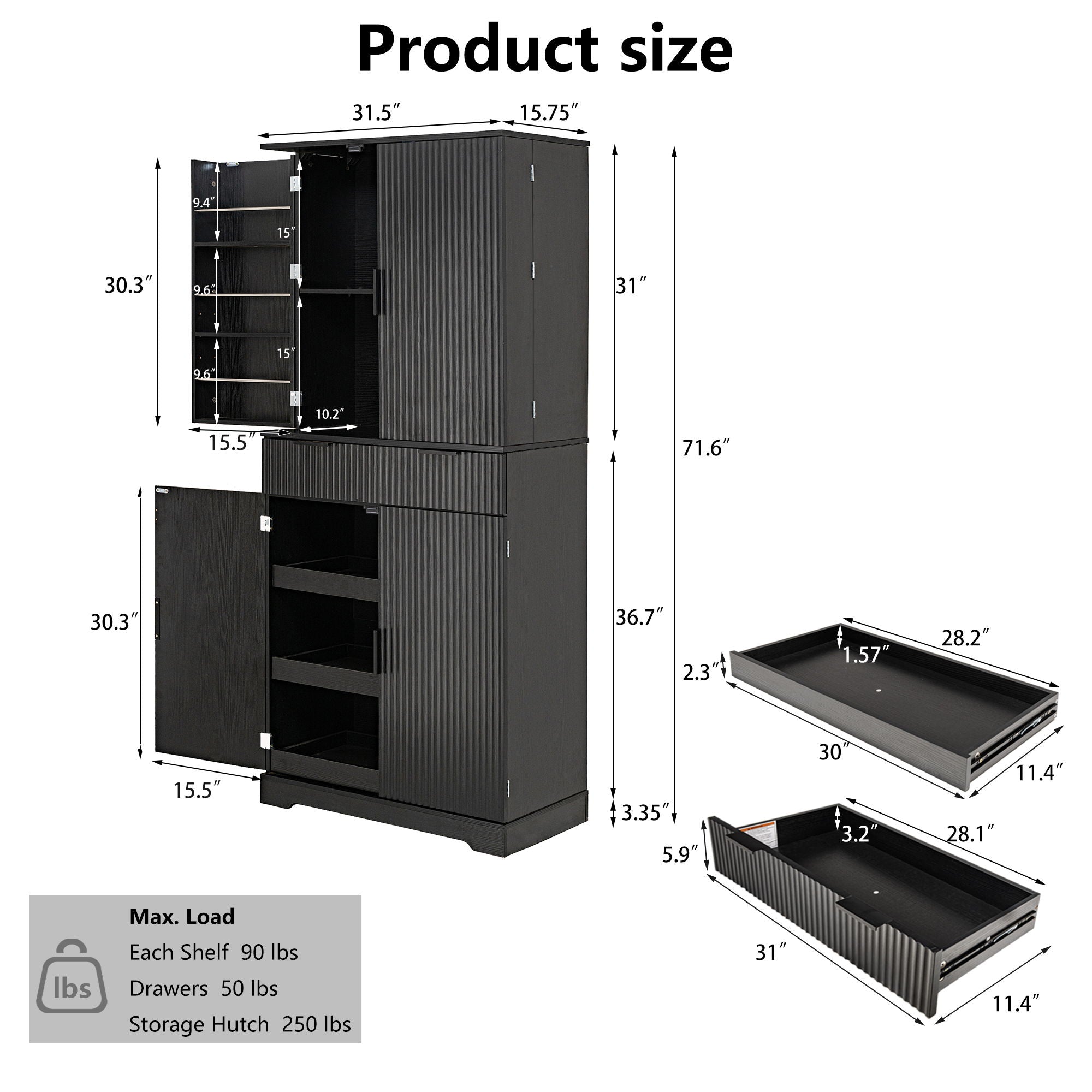 Fluted Kitchen Pantry Cabinet With 3 Keyboard Drawers & 6 Door Shelves Adjustable