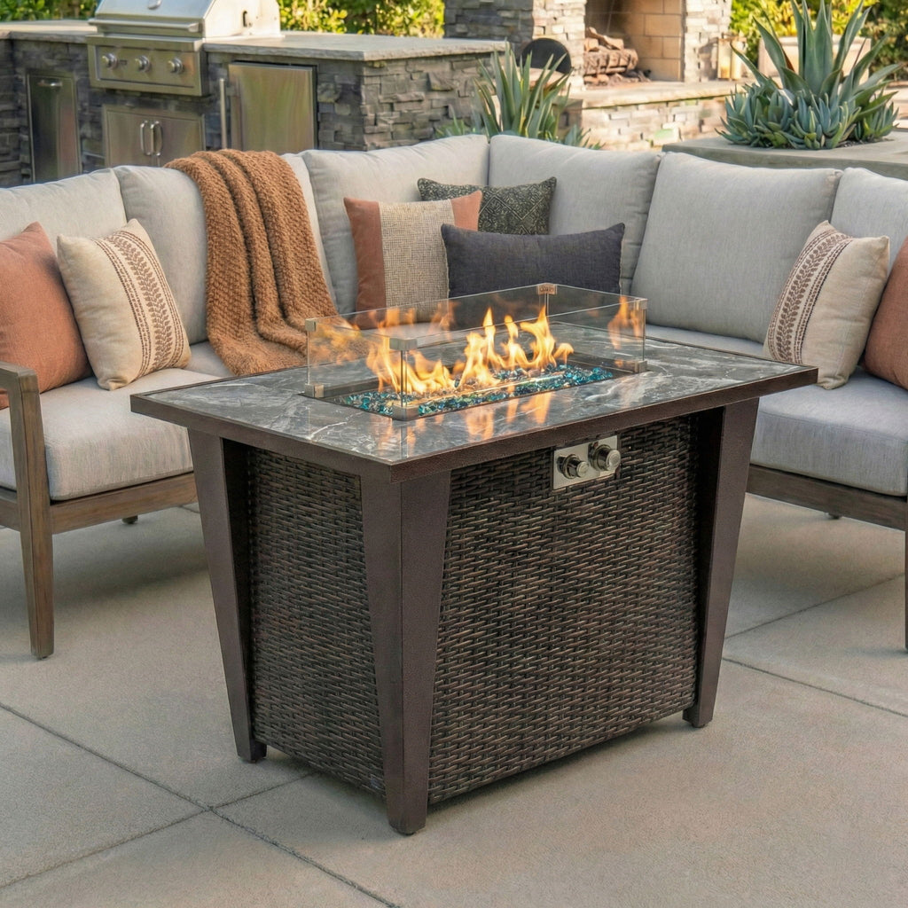Fire Pit Table, Glass Wind Guard And Rain Cover, Lid - Brown