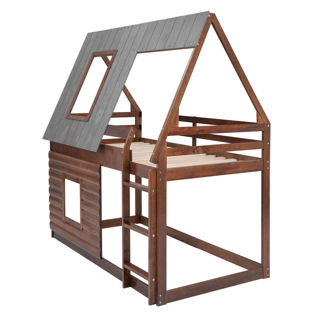 Twin Size House Bunk Bed With Roof, Ladder And 2 Windows - Brown & Smoky Gray