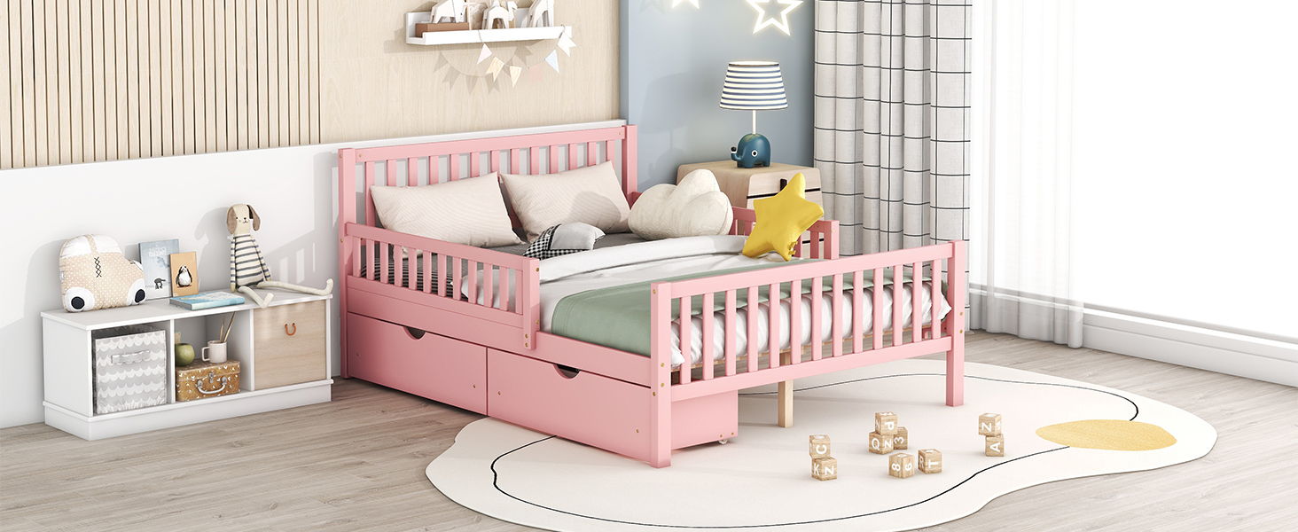 Platform Bed With Guardrails On Both Sides And 2 Storage Drawers