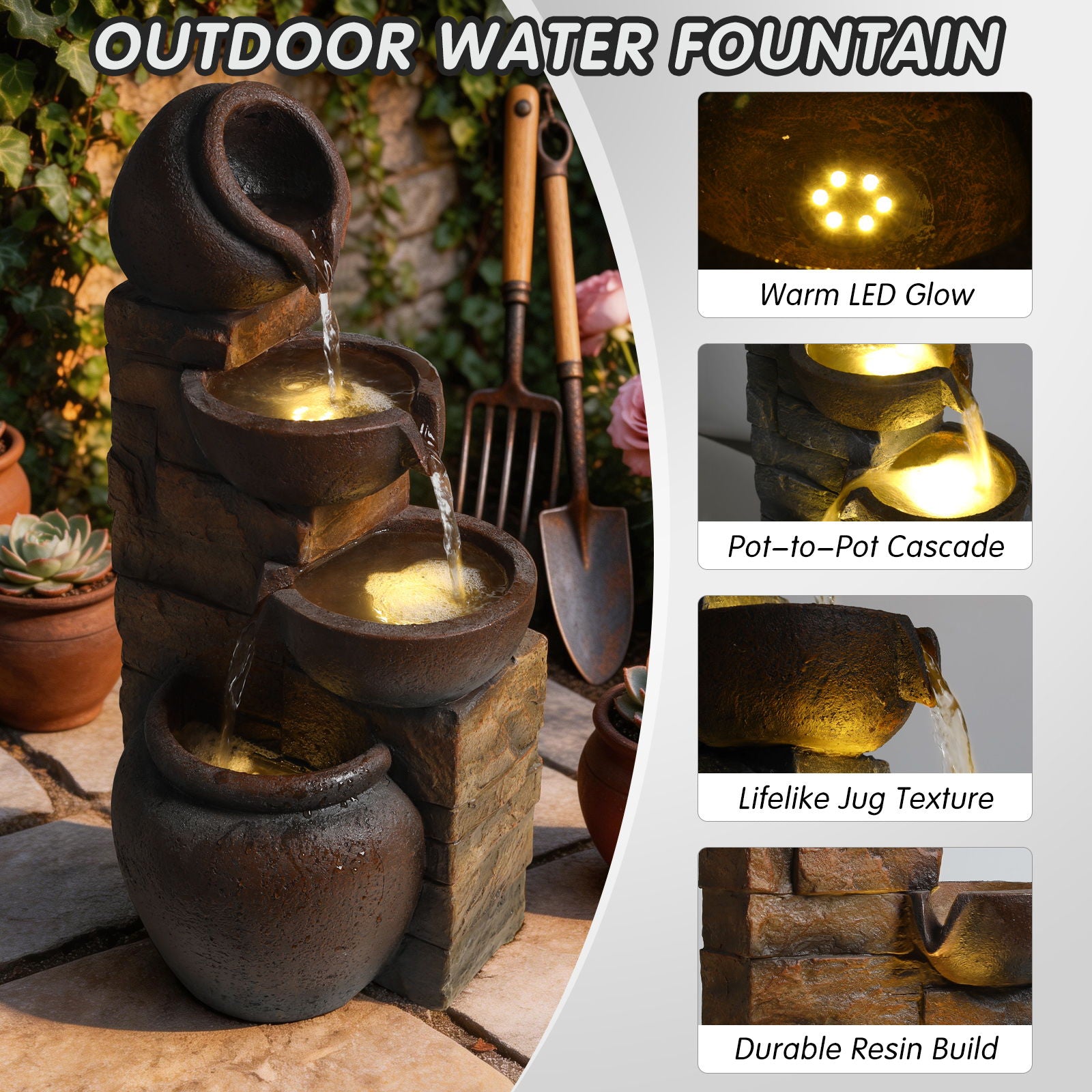 Tiered Outdoor Garden Water Fountain With Warm LED Lights - Brown