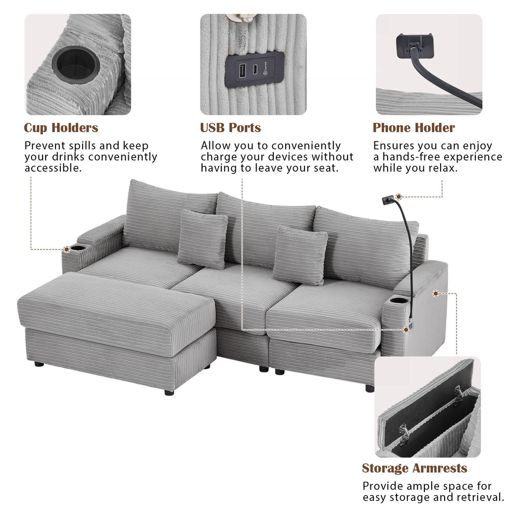 Modern Style Single Sofa Sofa Couch With Storage Space, A Movable Ottoman, 2 USB Ports, 2 Cup Holders, A Phone Holder For Living Room