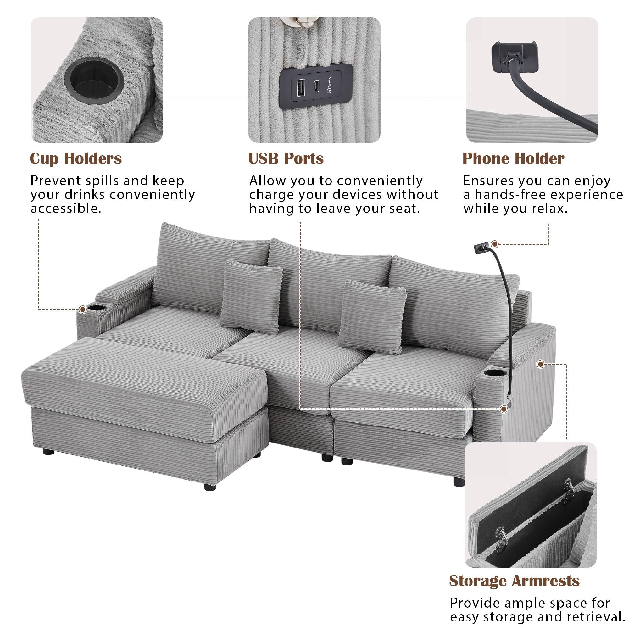 Modern Style Single Sofa Sofa Couch With Storage Space, A Movable Ottoman, 2 USB Ports, 2 Cup Holders, A Phone Holder For Living Room