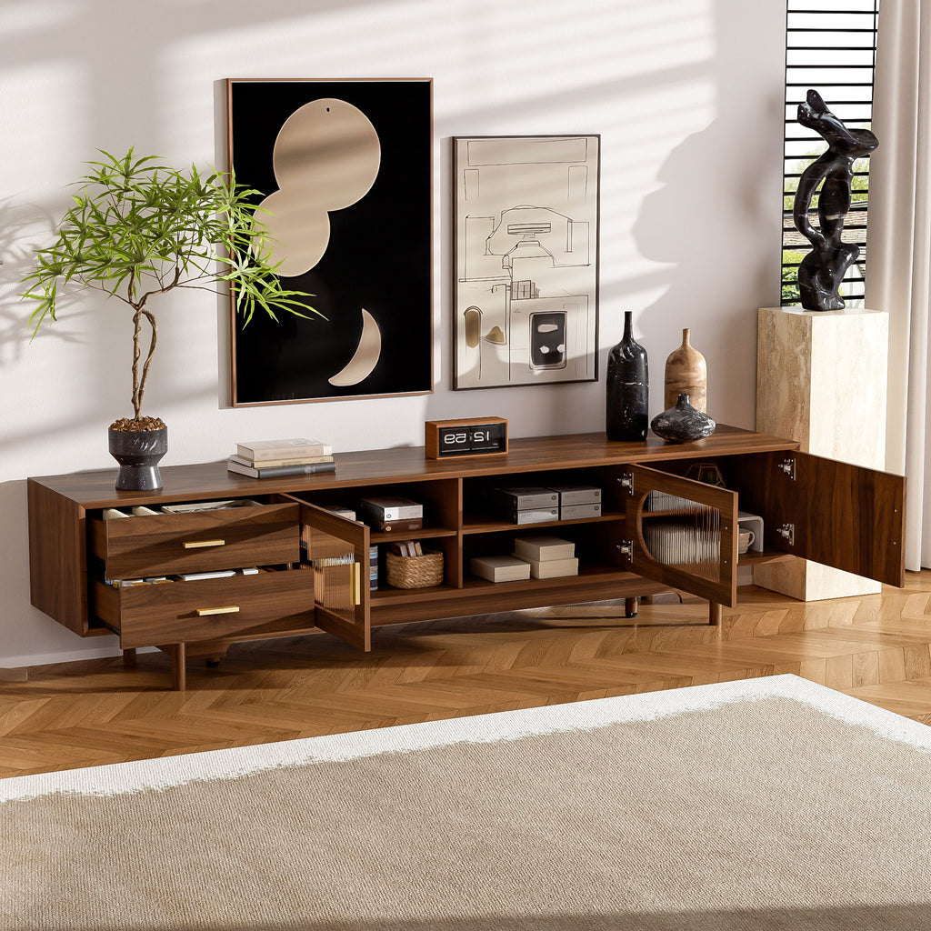 Modern TV Stand With Fluted Glass Doors & 2 Drawers