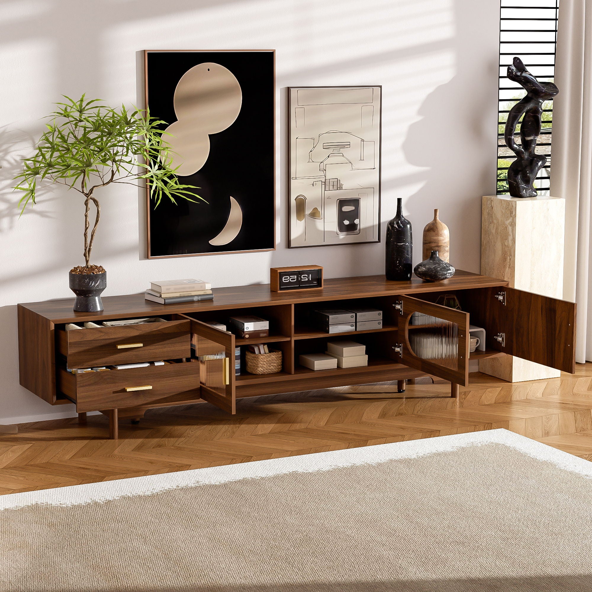 Modern TV Stand With Fluted Glass Doors & 2 Drawers