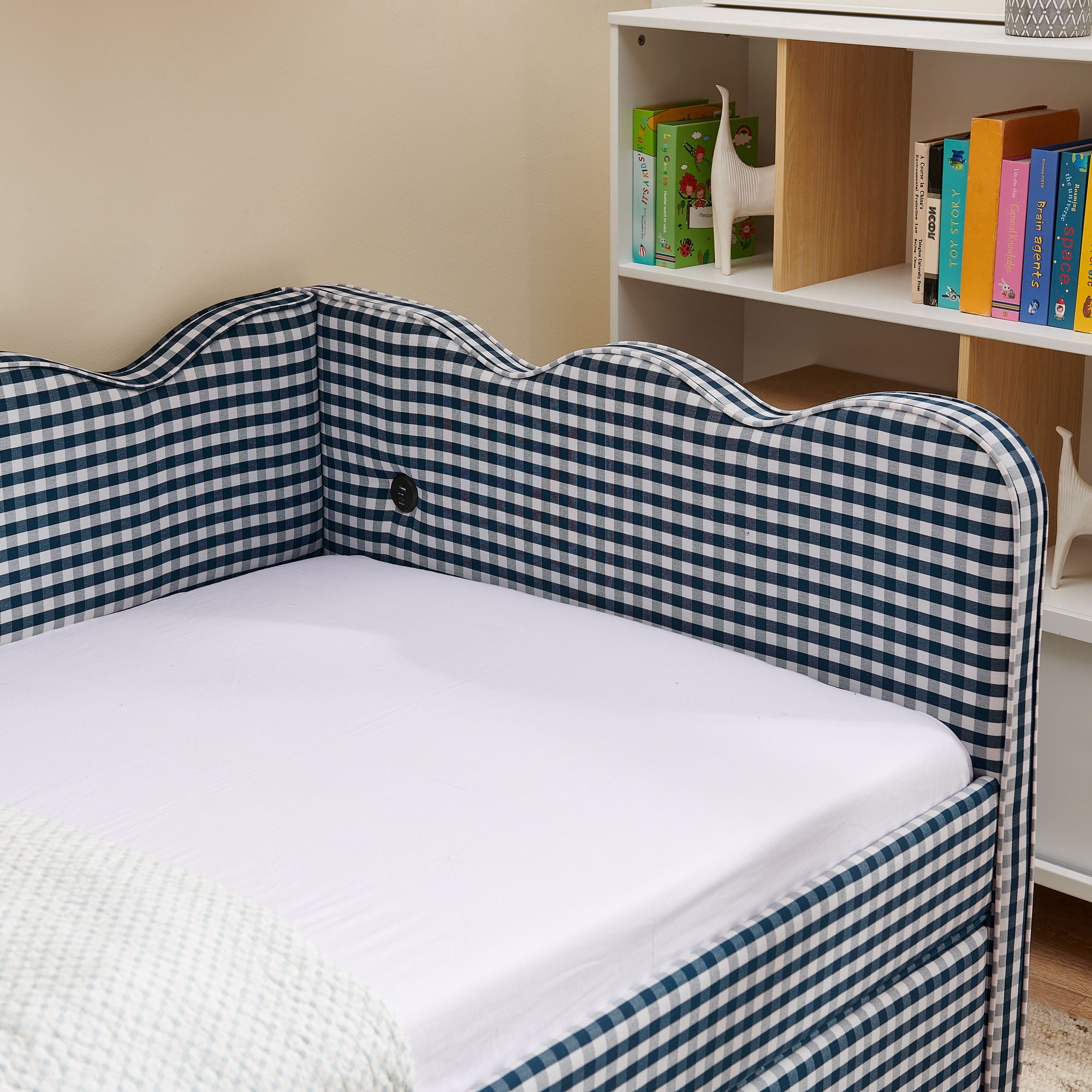 Gingham Daybed With USB Charging Port, Wave-Shaped Design