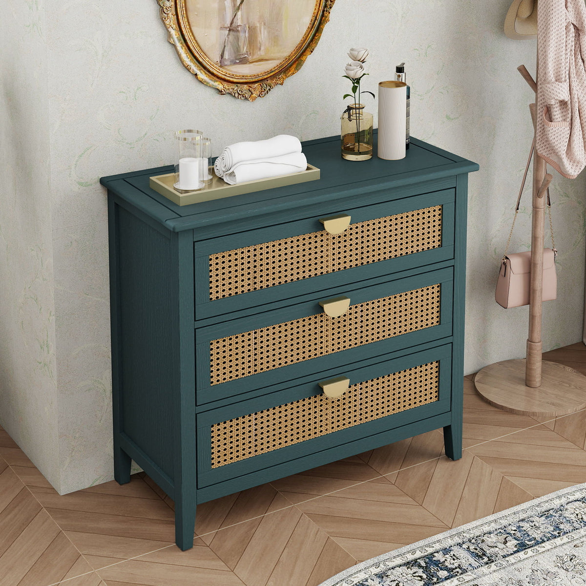 3 Drawer Cabinet, Natural Rattan, American Furniture