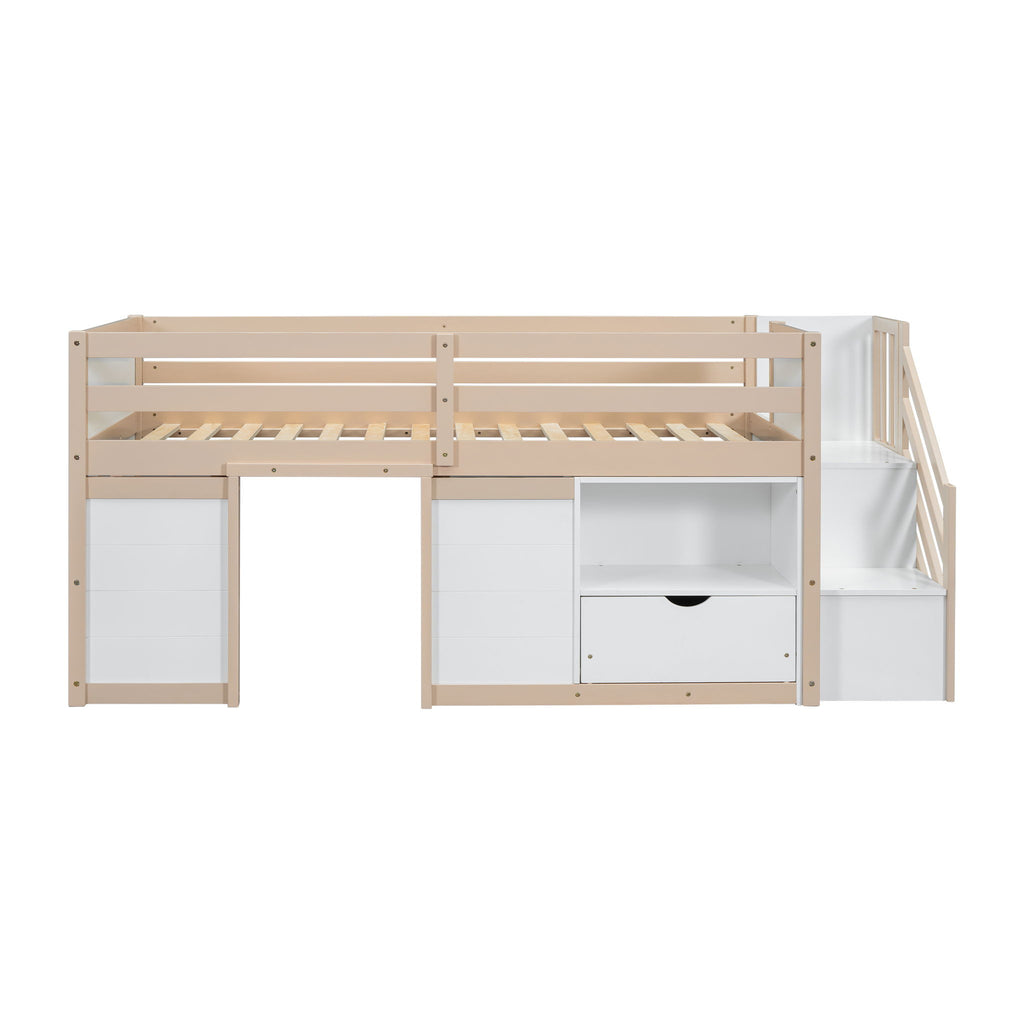 Low Loft Bed With Stair, Drawer, And Shelf