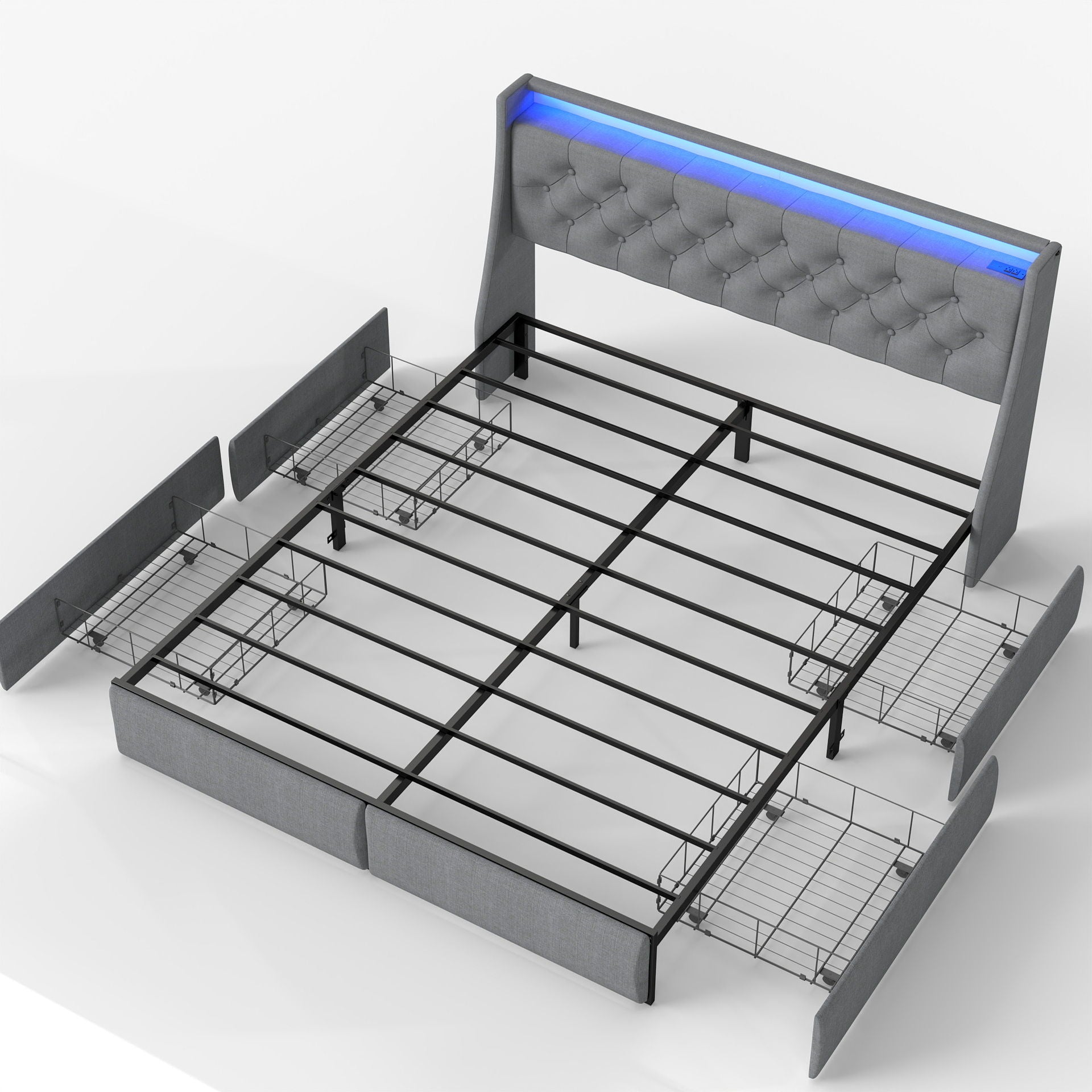 Platform Bed Frame With RGB LED Lights, Charging Station, Storage Headboard & 4 Underbed Drawers