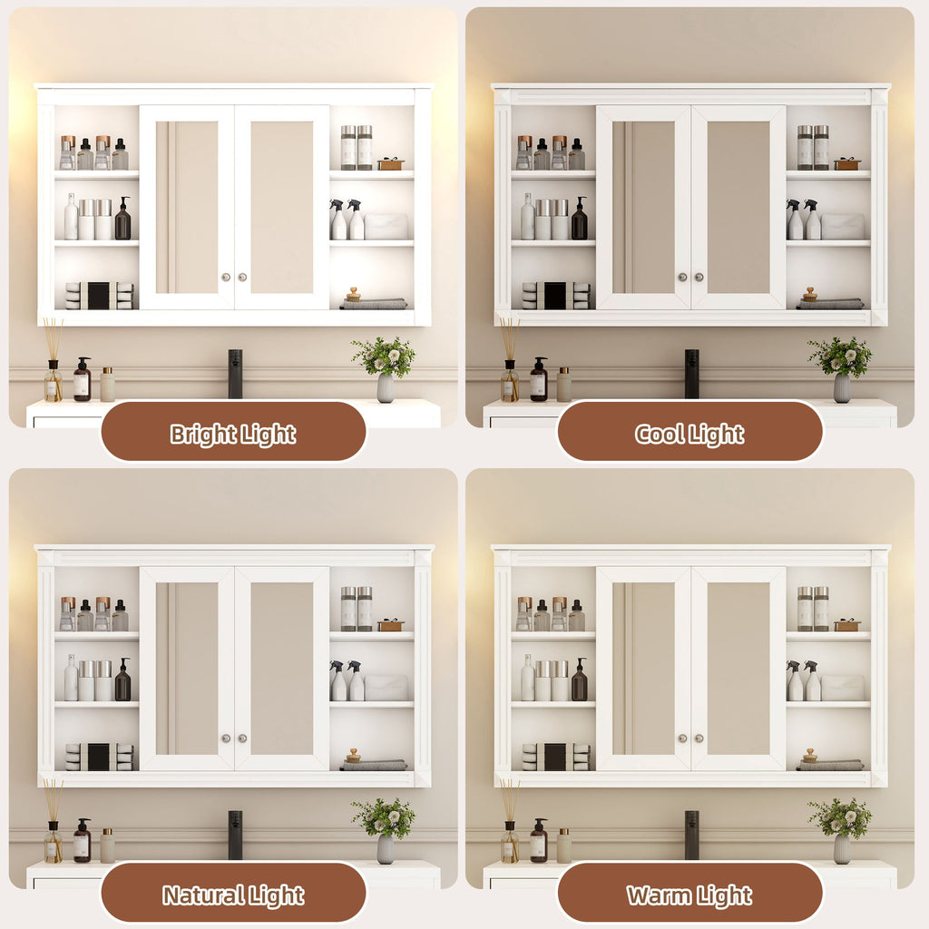 Wall-Mounted Mirror Cabinet With Adjustable Shelf And Open Shelves