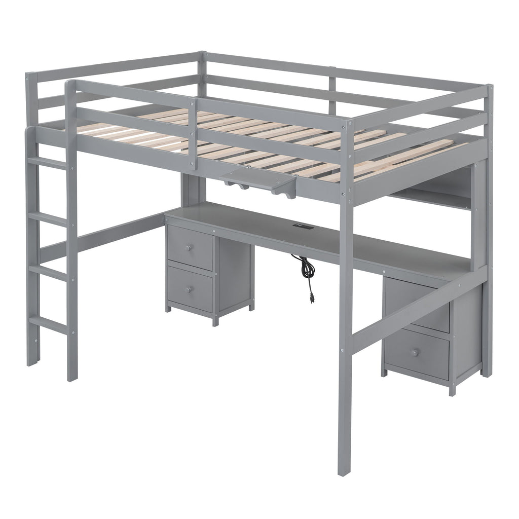 Loft Bed With Desk, Cabinets, Drawers, Charging Station And Bedside Tray