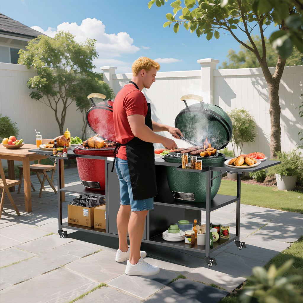 Outdoor Grill Cart For 2 Big Egg - Black / Silver