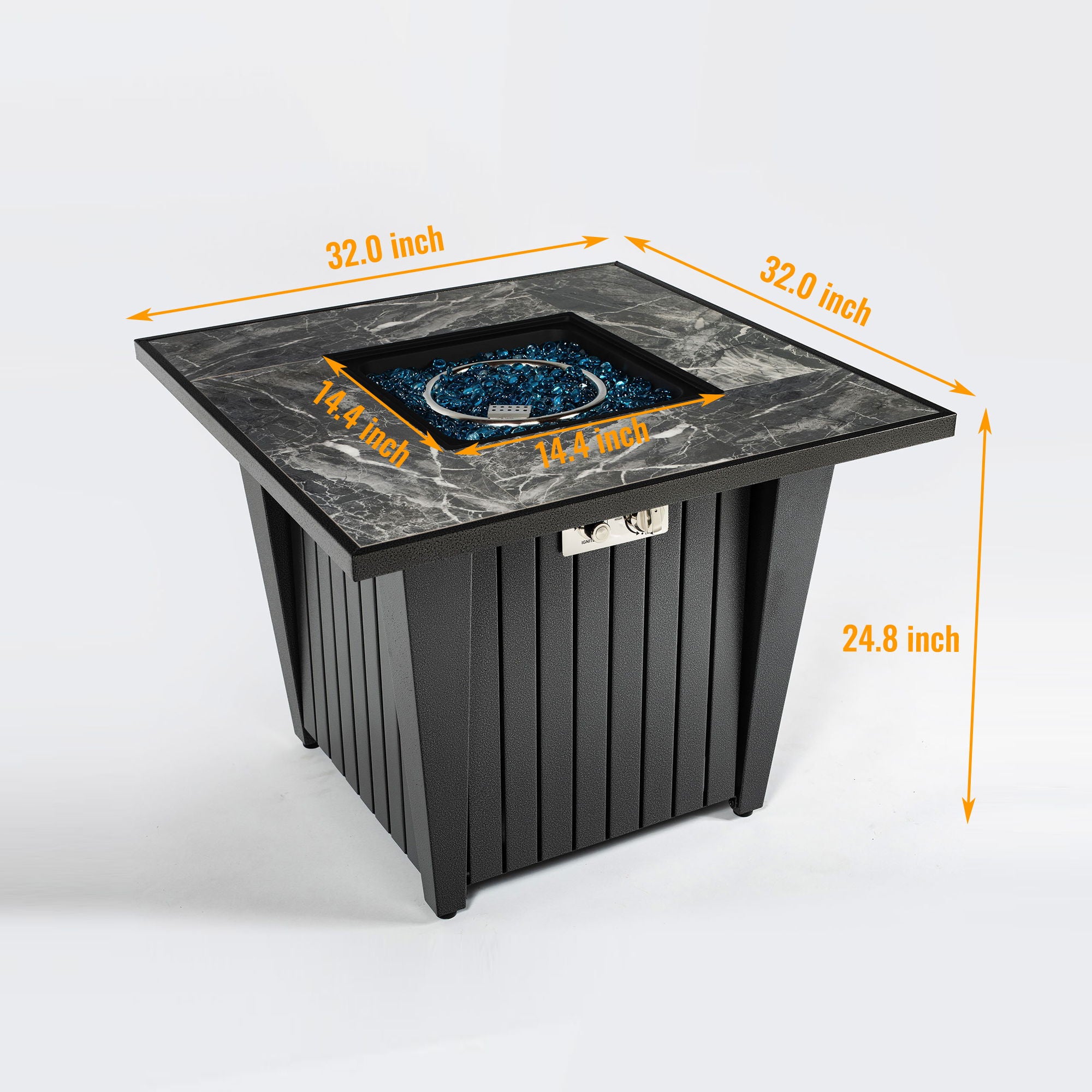 Morden Steel Fire Pit Table With Marble Tile Tabletop, Glass Wind Guard And Lid