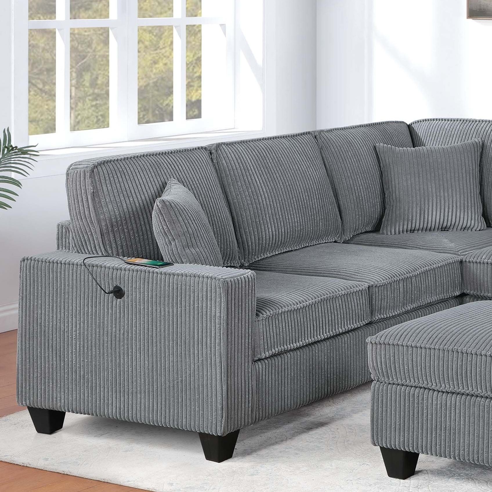 Left Arm Facing Loveseat With USB Port And Storage Sectional Set With Corner Wedge Armless Chair And Cocktail Ottoman - Fog