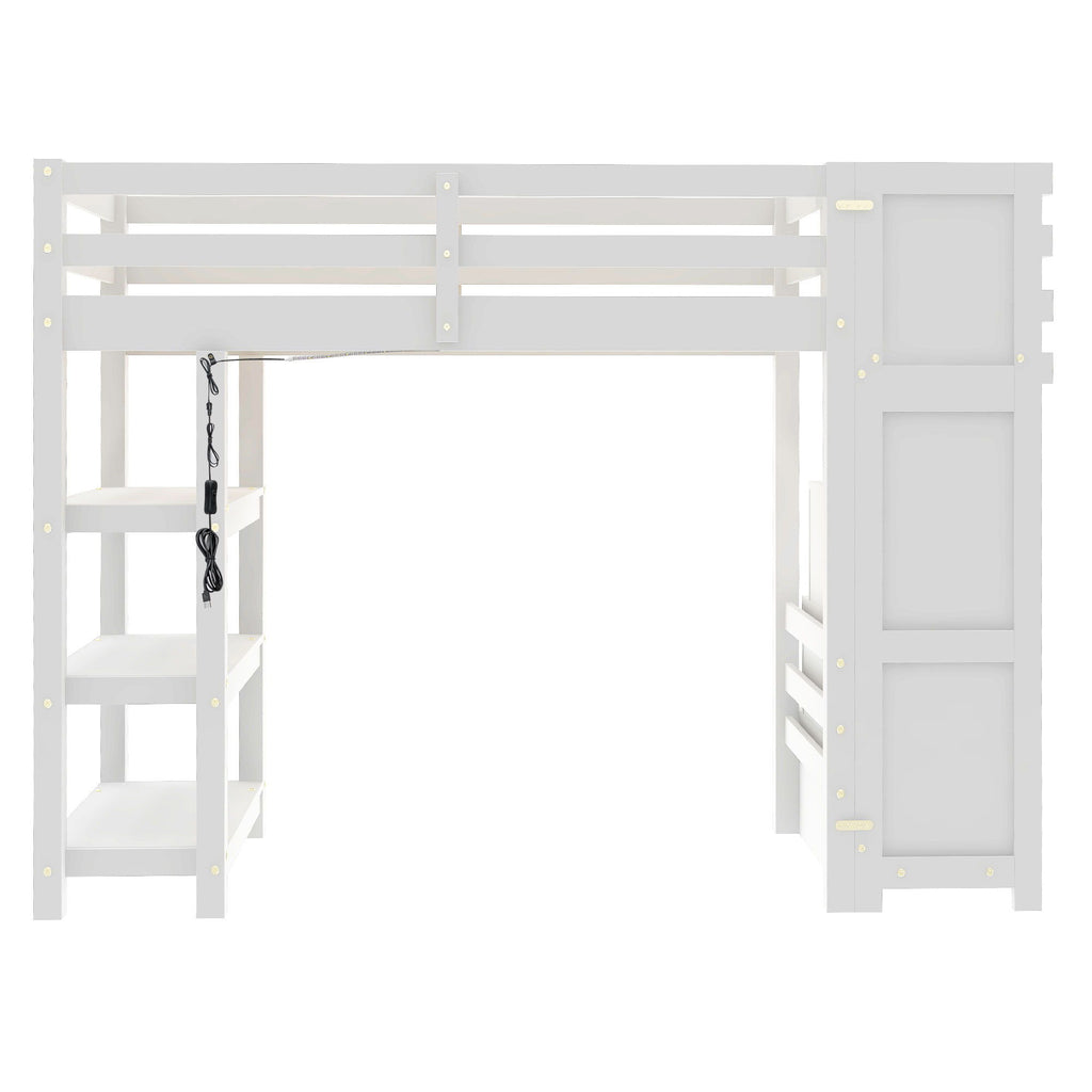 Loft Bed With 4 Layer Shelves, Storage Staircase, Small Wardrobe And LED Light