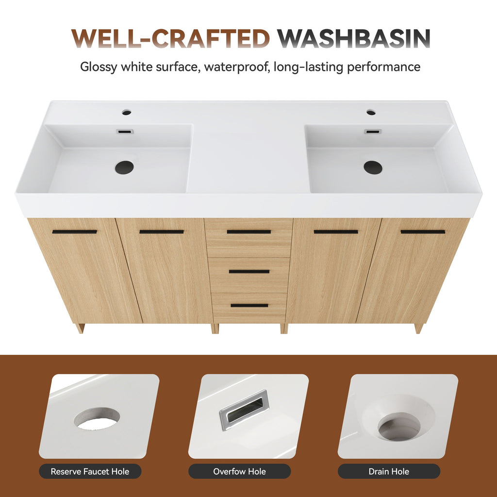 Double Sink Bathroom Vanity Set With Tall Linen Cabinet, 3 Drawers, Extra Large Storage, Integrated Sink, Freestanding Cabinet - Light Oak / White