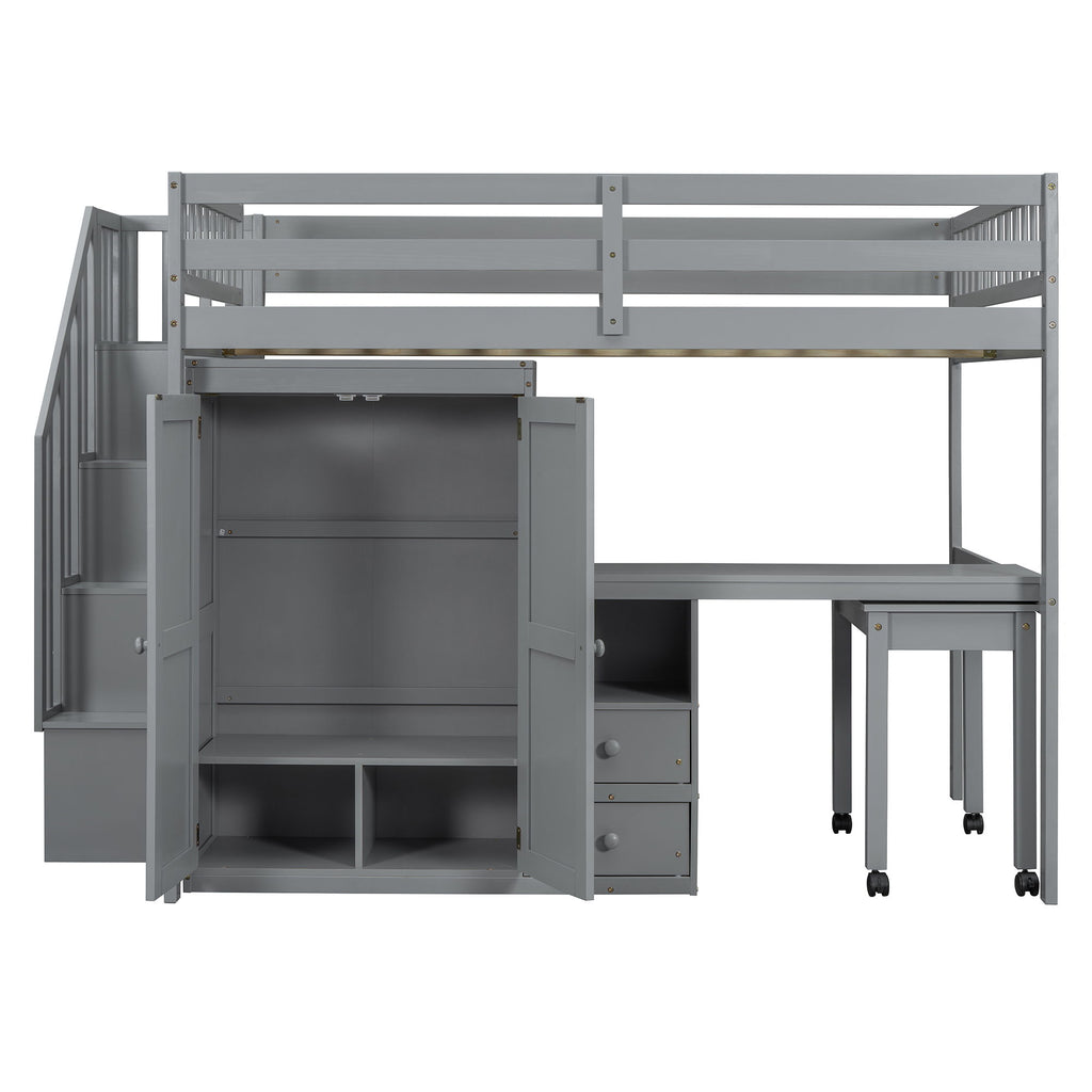 Loft Bed With Stairs, Bookshelf, Drawers, Desk & Wardrobe, Space Saving Multifunctional Furniture