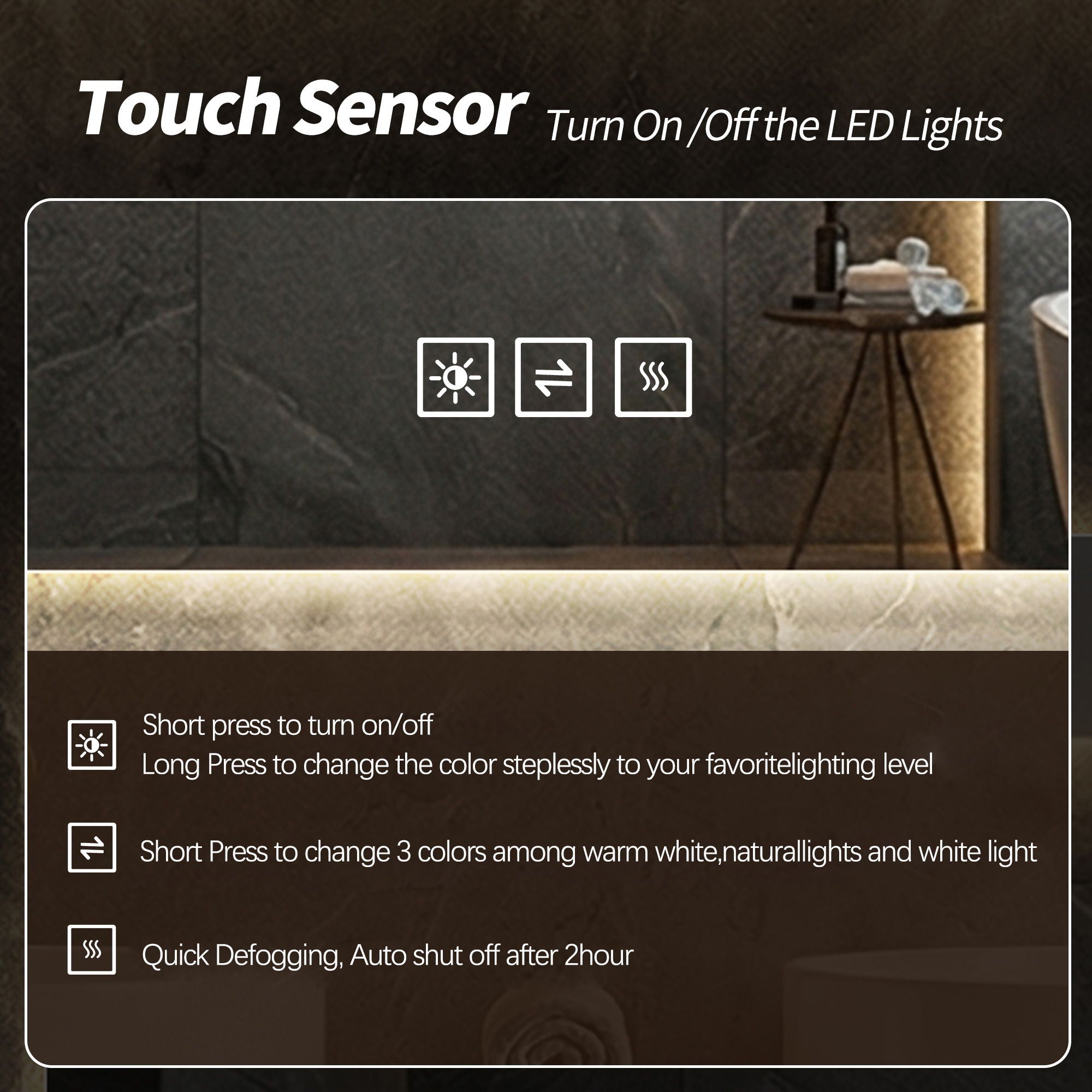 LED Bathroom Vanity Wall Mirror With Straight Edge Design, Frosted Glass Finish, Anti Fog, Dimmable 3 Color Lighting - Silver
