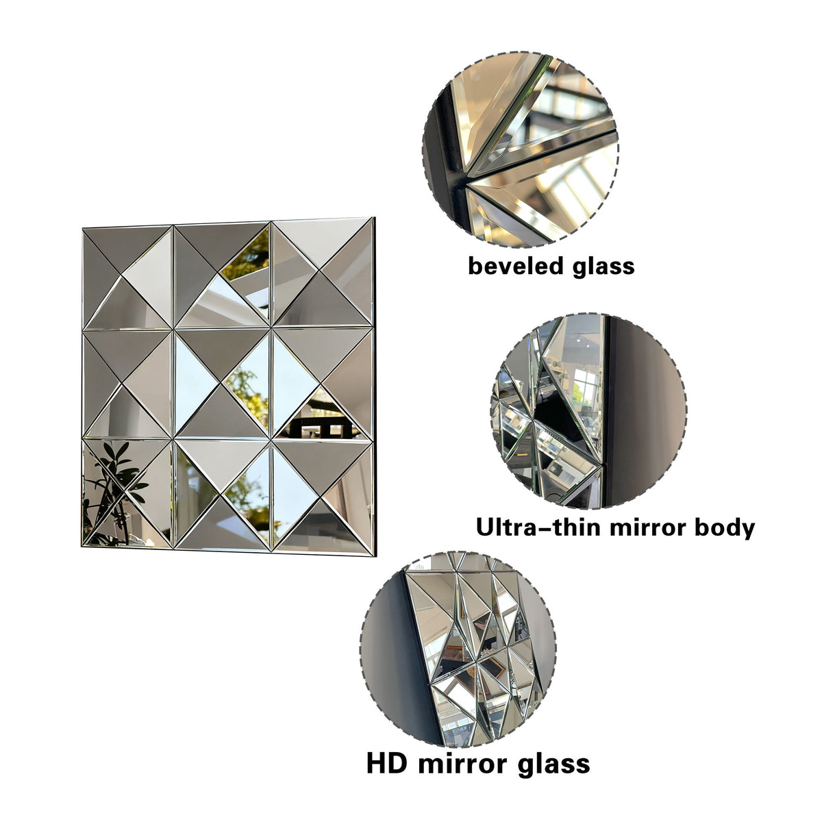 3D Beveled Wall Mirror With Frame, Large Square Design For Living Room - Silver