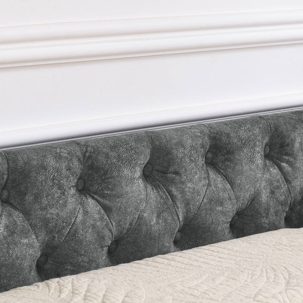 Queen Size Upholstered Daybed With Tufted Back And Nail Trimmed Waved Arms - Gray