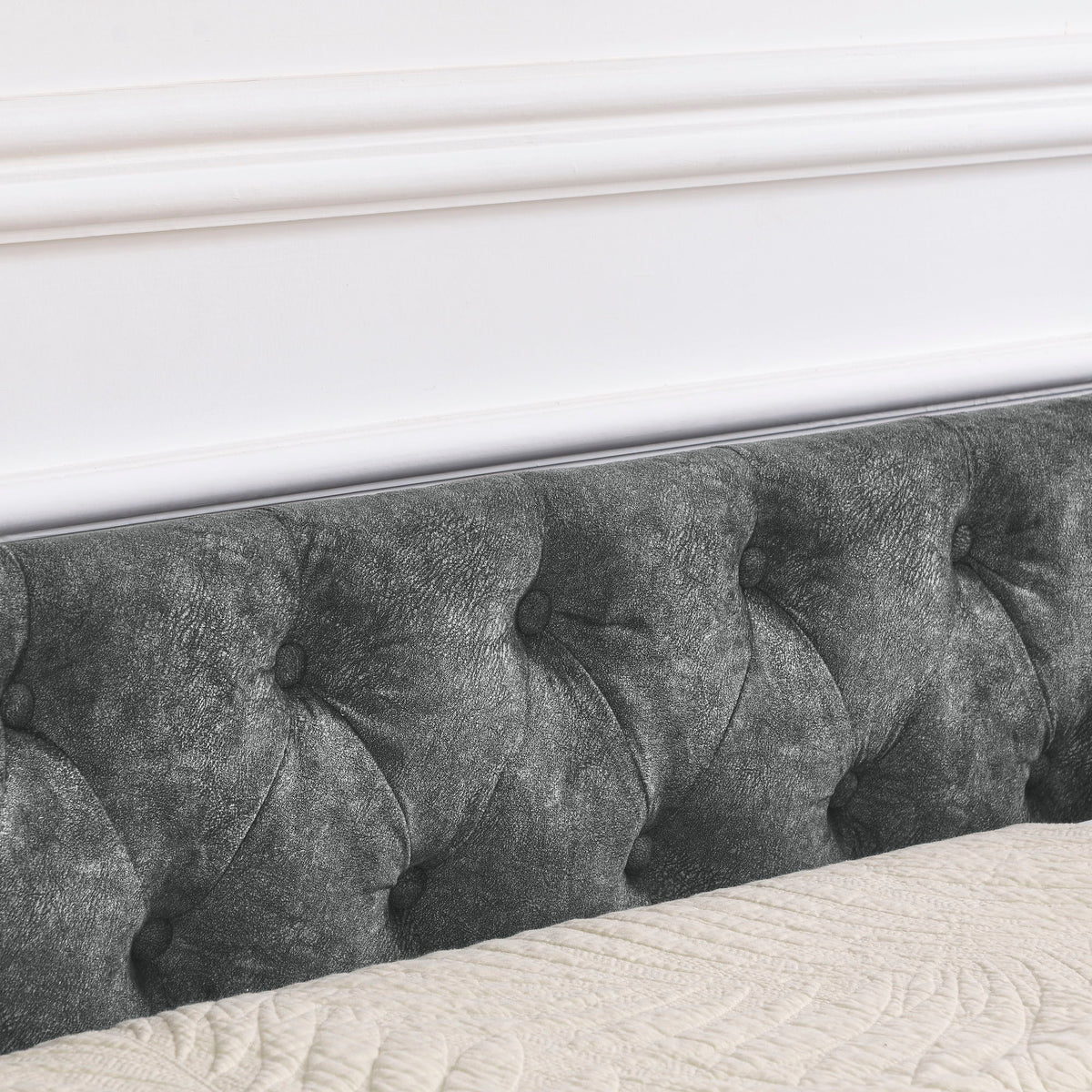 Queen Size Upholstered Daybed With Tufted Back And Nail Trimmed Waved Arms - Gray