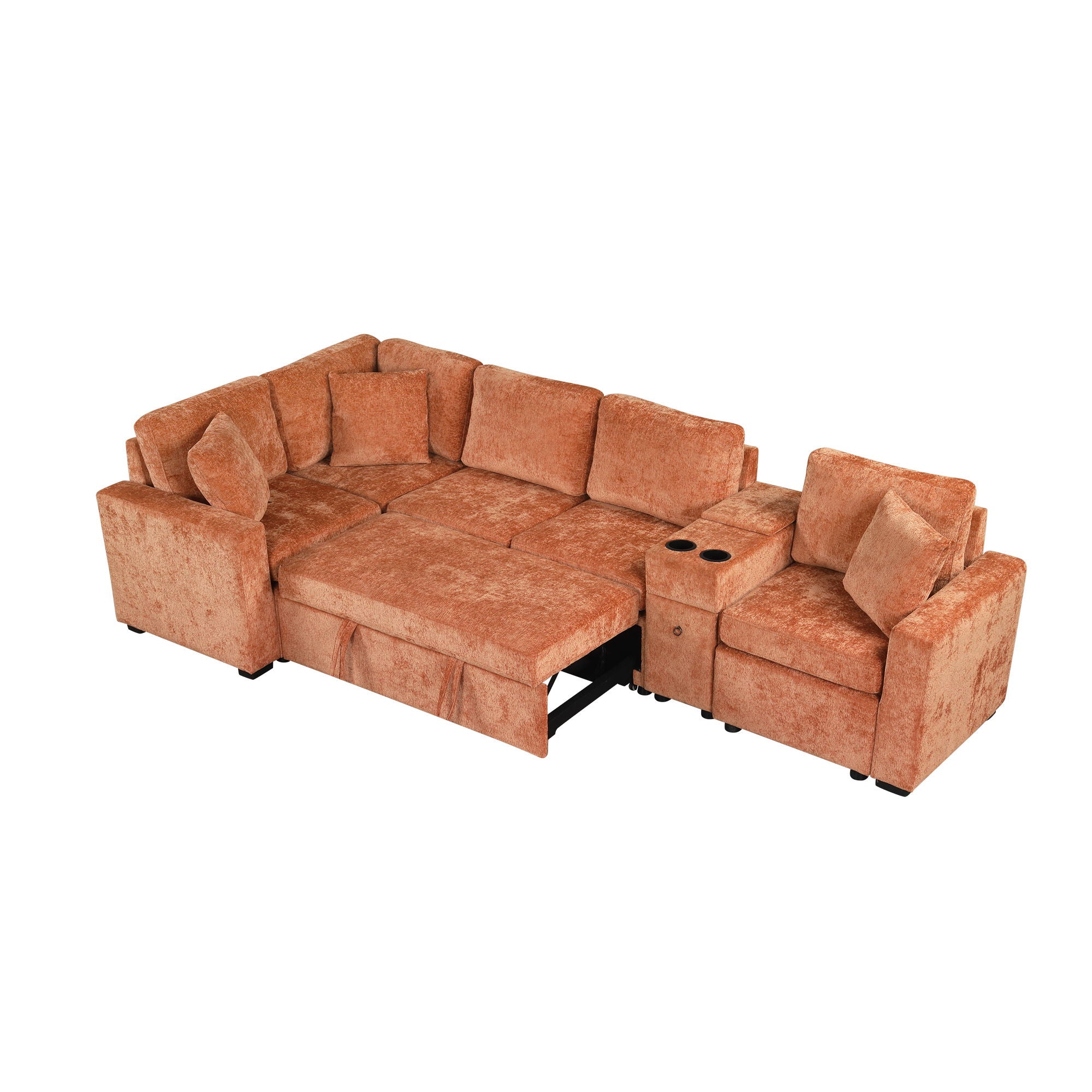 Modular L-Shaped Sectional Sofa Bed With Pull-Out Sleeper, Cup Holders, And Storage