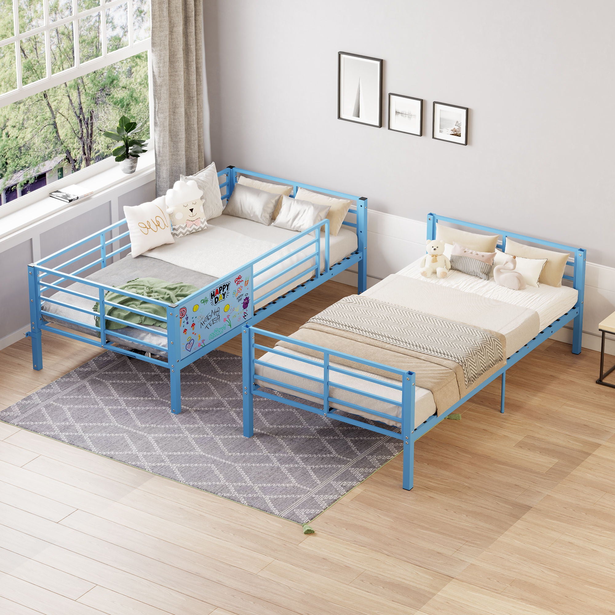 Bunk Bed, Convertible To 2 Separate Twin Size Beds & Full Length Guardrail & Ladder, No Box Spring Needed - Blue