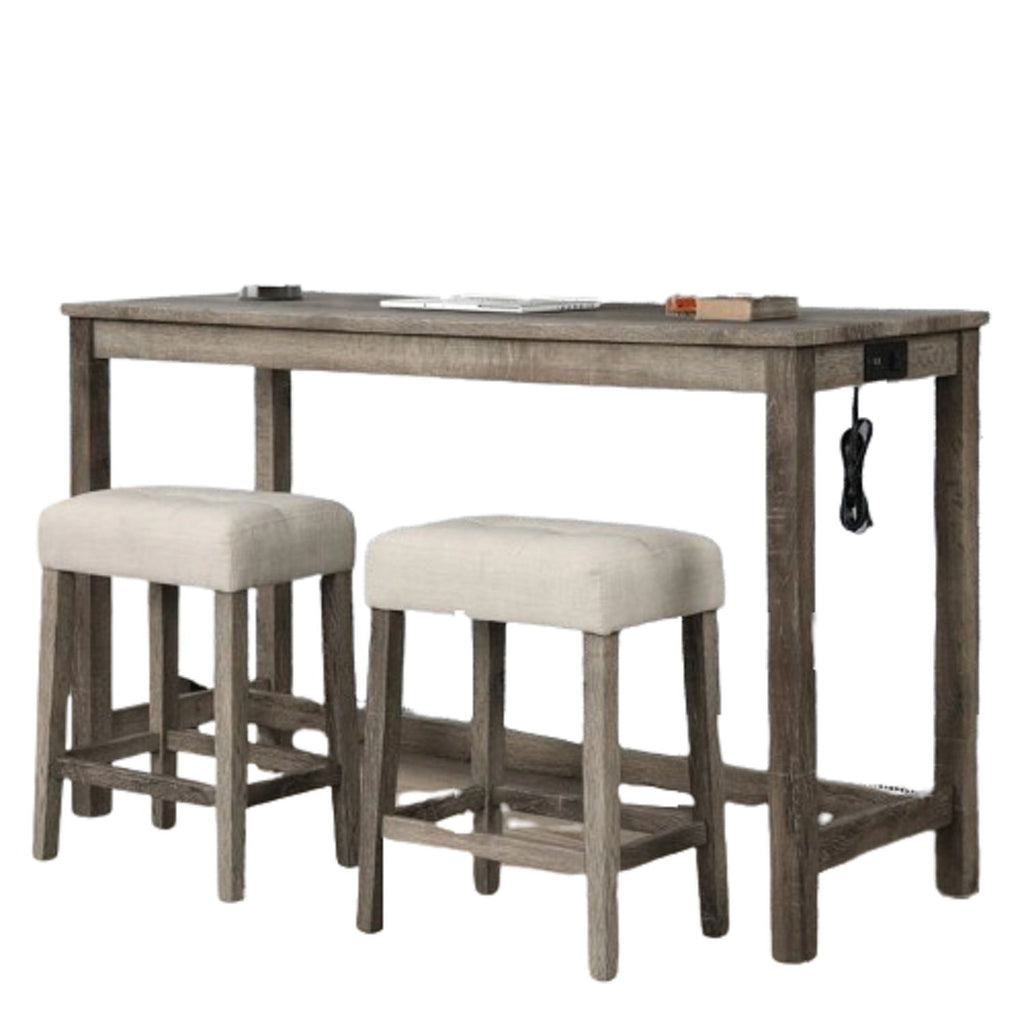 3 Piece Counter Bar Dining Set Table With Electric Outlet And 2 USB Ports, Tufted Upholstered Stools - Brown / Beige