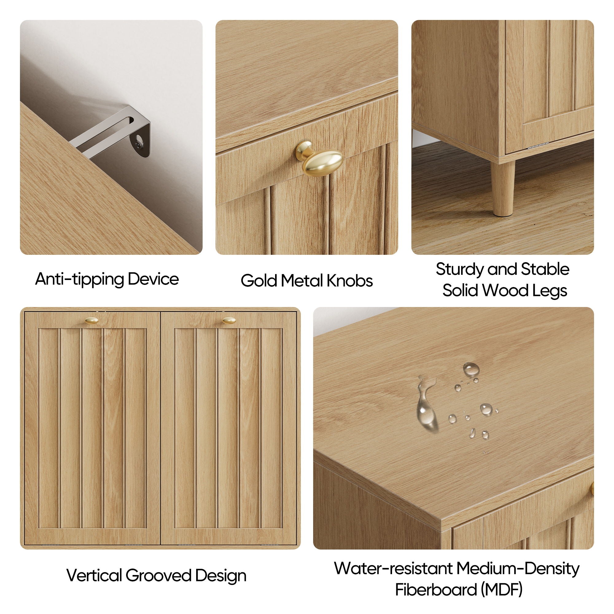 Sloping Laundry Basket With Removable Inner Bin, Concealed Storage Cabinet For Bathroom - Oak